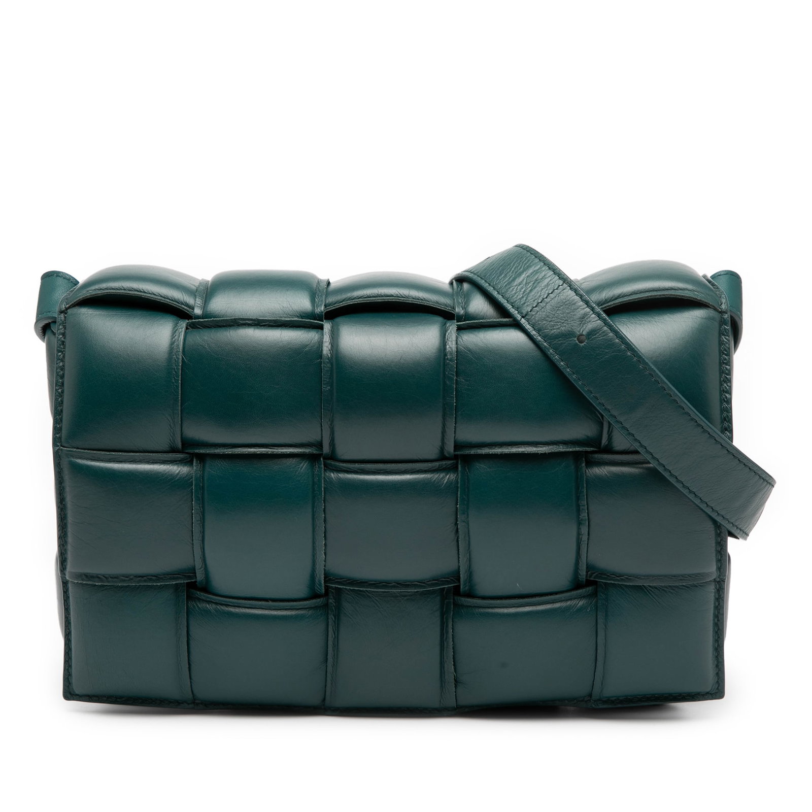 Bottega Veneta Green Nappa Intrecciato Padded Cassette Crossbody Bag: Bottega Veneta Green Nappa Intrecciato Padded Cassette Crossbody Bag Introducing the Bottega Veneta Nappa Intrecciato Padded Cassette Crossbody, expertly crafted in Italy from luxurious woven nappa le