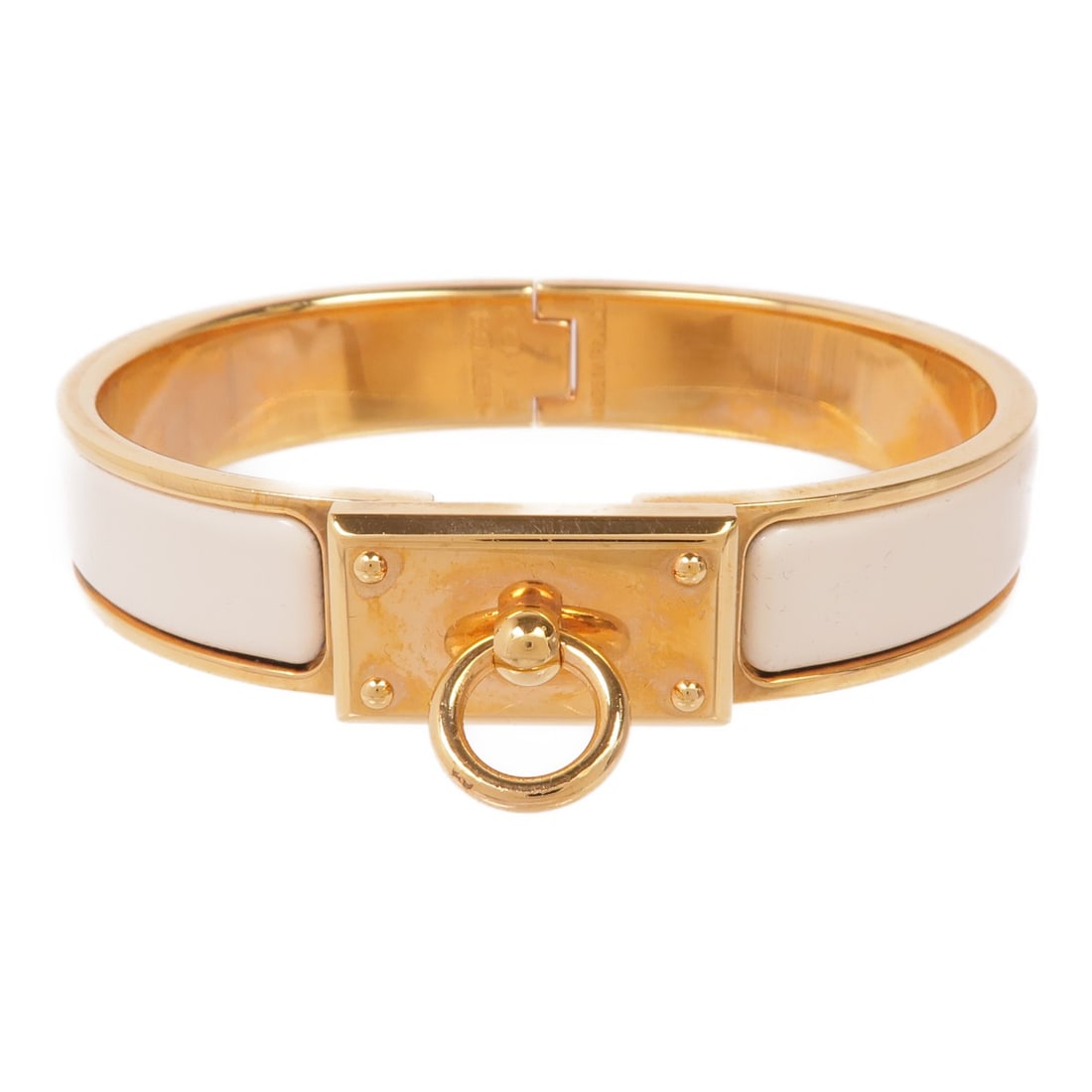 HERMES Clic Anneau Enamel Bangle Bracelet White: HERMES Clic Anneau Enamel Bangle Bracelet White This elegant Hermes Clic Anneau Bangle showcases a sleek and sophisticated design in a stunning white enamel finish. Crafted with high-quality materials