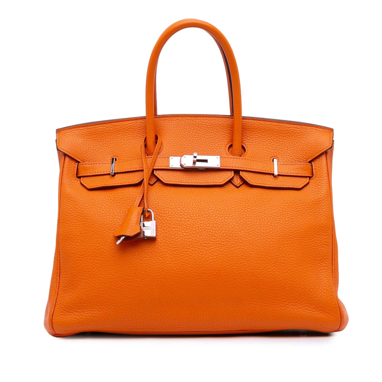 Hermes Birkin Retourne 35 Orange Togo Leather Bag: Hermes Birkin Retourne 35 Orange Togo Leather Bag This elegant Hermes Birkin Retourne 35 is crafted from luxurious Togo leather in a vibrant Orange hue. It features rolled leather handles for comforta