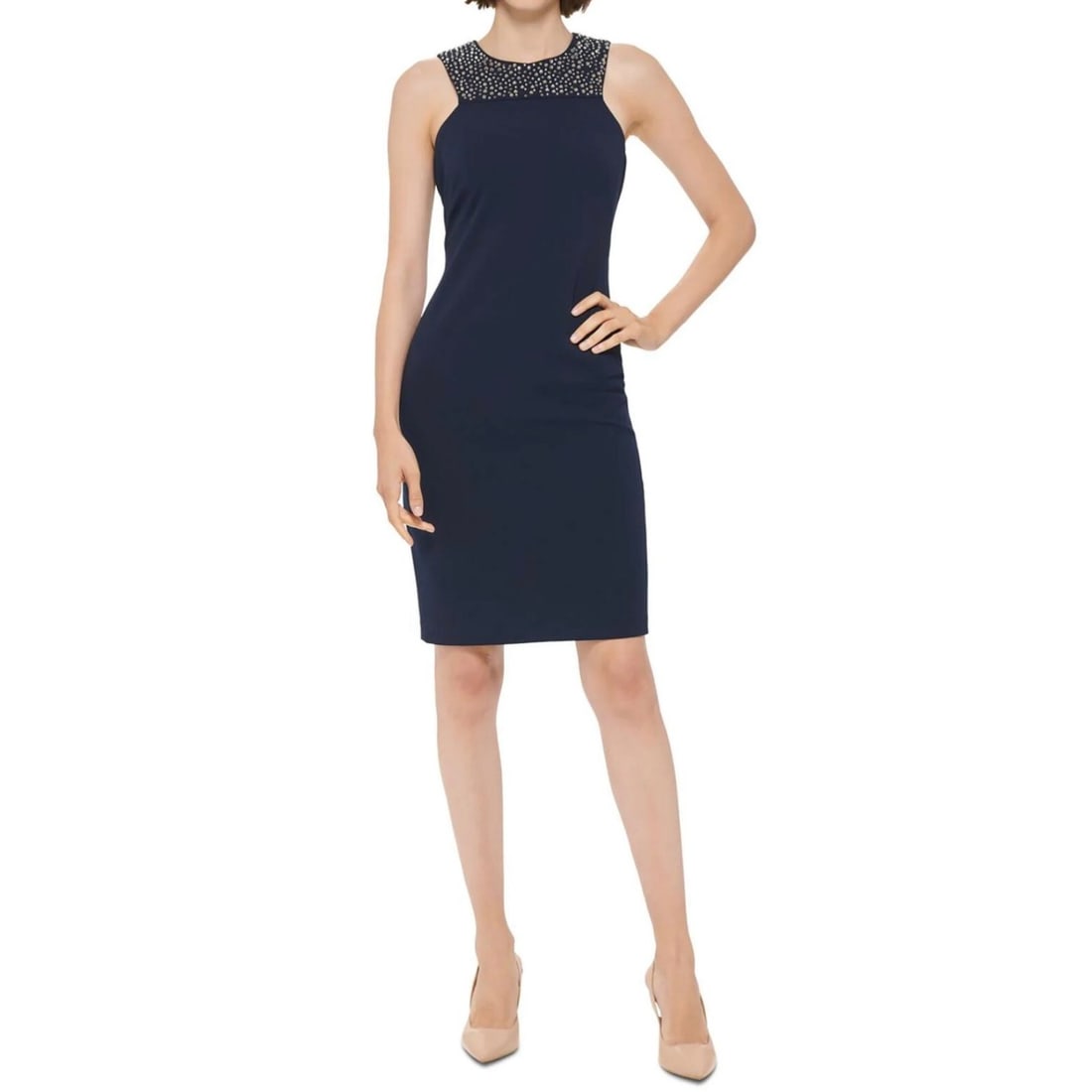 Calvin Klein Women's Navy Embellished Sleeveless Sheath Dress Size 10: Calvin Klein Women's Navy Embellished Sleeveless Sheath Dress Size 10 Elevate your wardrobe with this stunning Calvin Klein Women's Embellished Sleeveless Sheath Dress in Navy. This timeless piece fea