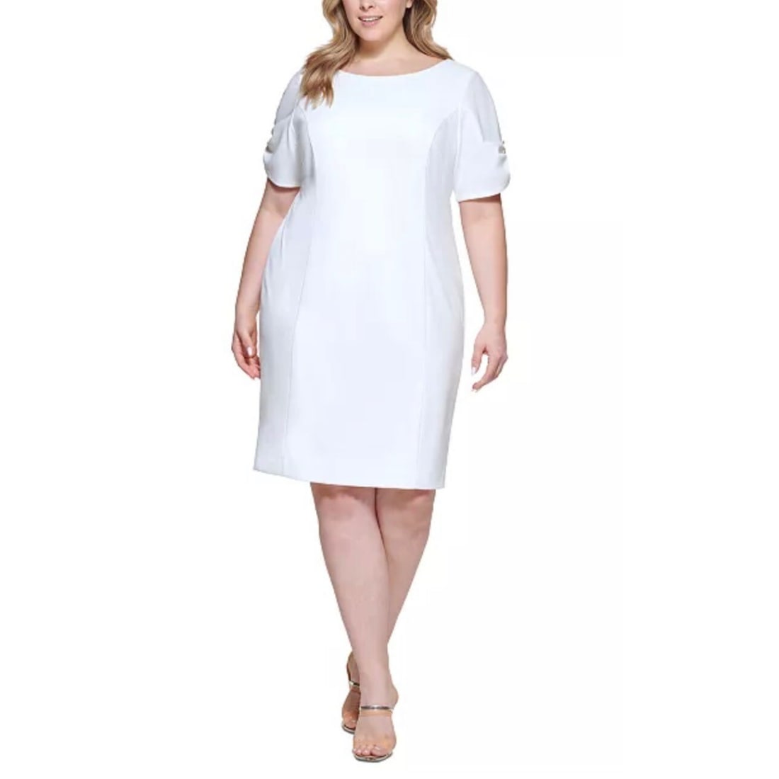 DKNY Plus Size Ivory Scuba Crepe Slip Dress 16W: DKNY Plus Size Ivory Scuba Crepe Slip Dress 16W Elevate your wardrobe with this DKNY Plus Size Scuba Crepe Dress in a sophisticated ivory hue. Designed for a flattering fit, this slip dress is crafted