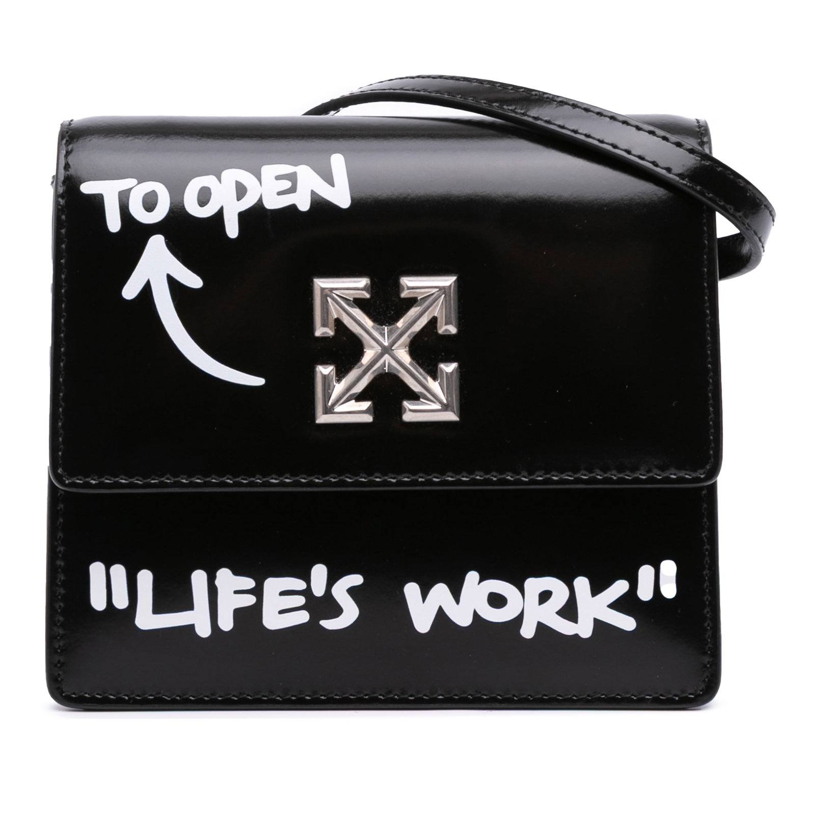 Off-White Glazed Calfskin Life's Work Jitney 0.7 Black Crossbody Bag: Off-White Glazed Calfskin Life's Work Jitney 0.7 Black Crossbody Bag This Off-White Glazed Calfskin Life's Work Jitney 0.7 Bag is a stylish crossbody bag crafted from premium leather. It features a to