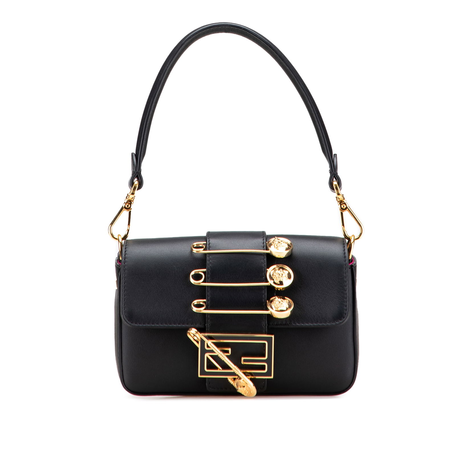Fendi Versace Vitello Seta Fendace Mini Brooch Satchel Black Leather: Fendi Versace Vitello Seta Fendace Mini Brooch Satchel Black Leather Introducing the Fendi Versace Vitello Seta Fendace Mini Brooch Baguette Satchel, a sophisticated accessory that perfectly blends lu