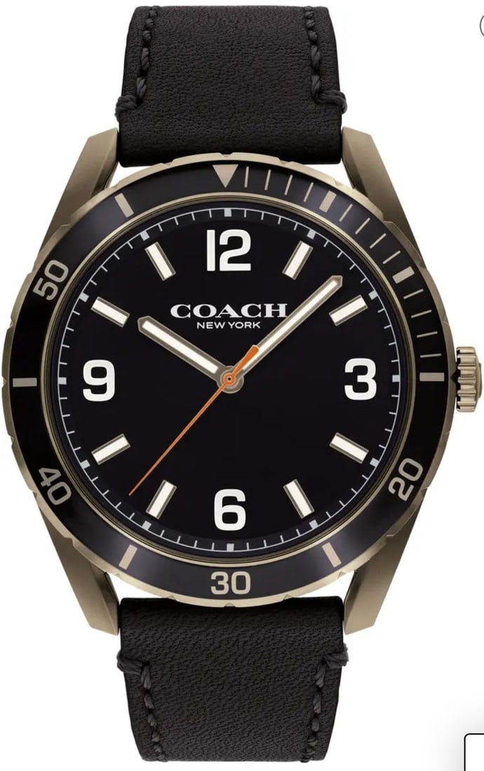 COACH Preston Men's Leather Strap Quartz Watch 44mm: COACH Preston Men's Leather Strap Quartz Watch 44mm This COACH Preston Men's Wristwatch features a classic design with a durable leather strap and a striking 44 mm case. The watch is powered by a prec