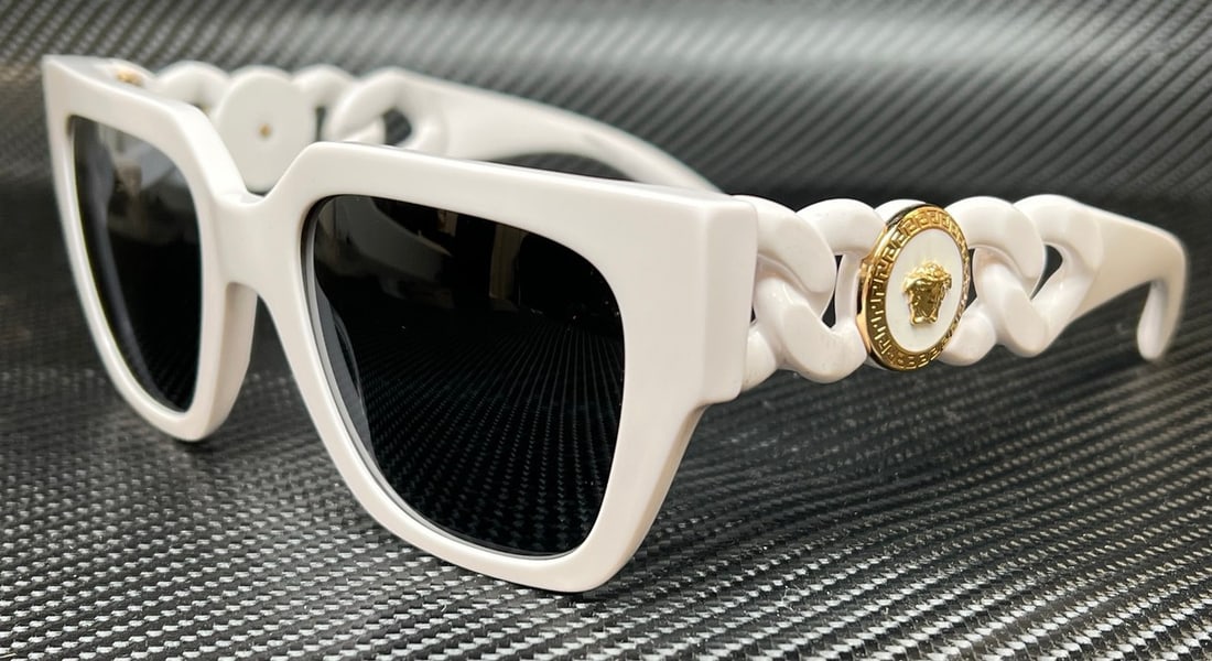 Versace VE4409 314 87 White Gray Square Sunglasses with Authenticity Certificate: Versace VE4409 314 87 White Gray Square Sunglasses with Authenticity Certificate Elevate your style with these Versace VE4409 sunglasses, designed for the modern woman. The solid white frame complemen