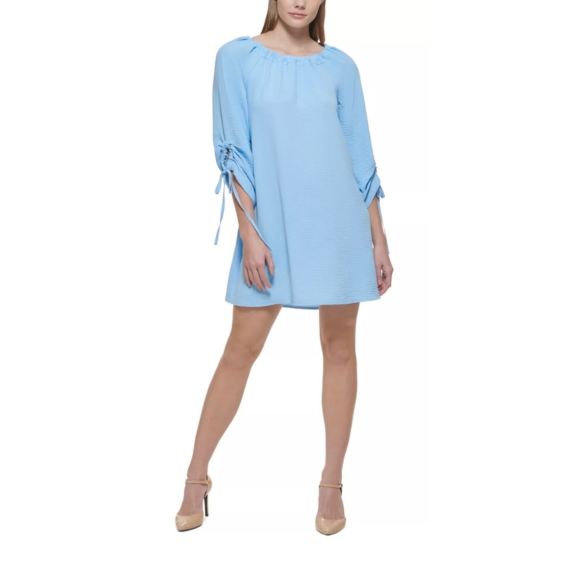 Calvin Klein Women's Serene Blue A-Line Dress with Ruched Sleeves: Calvin Klein Women's Serene Blue A-Line Dress with Ruched Sleeves Elevate your wardrobe with this stunning Calvin Klein Women's Ruched-Sleeve A-Line Dress in Serene Blue. Designed for versatility, thi