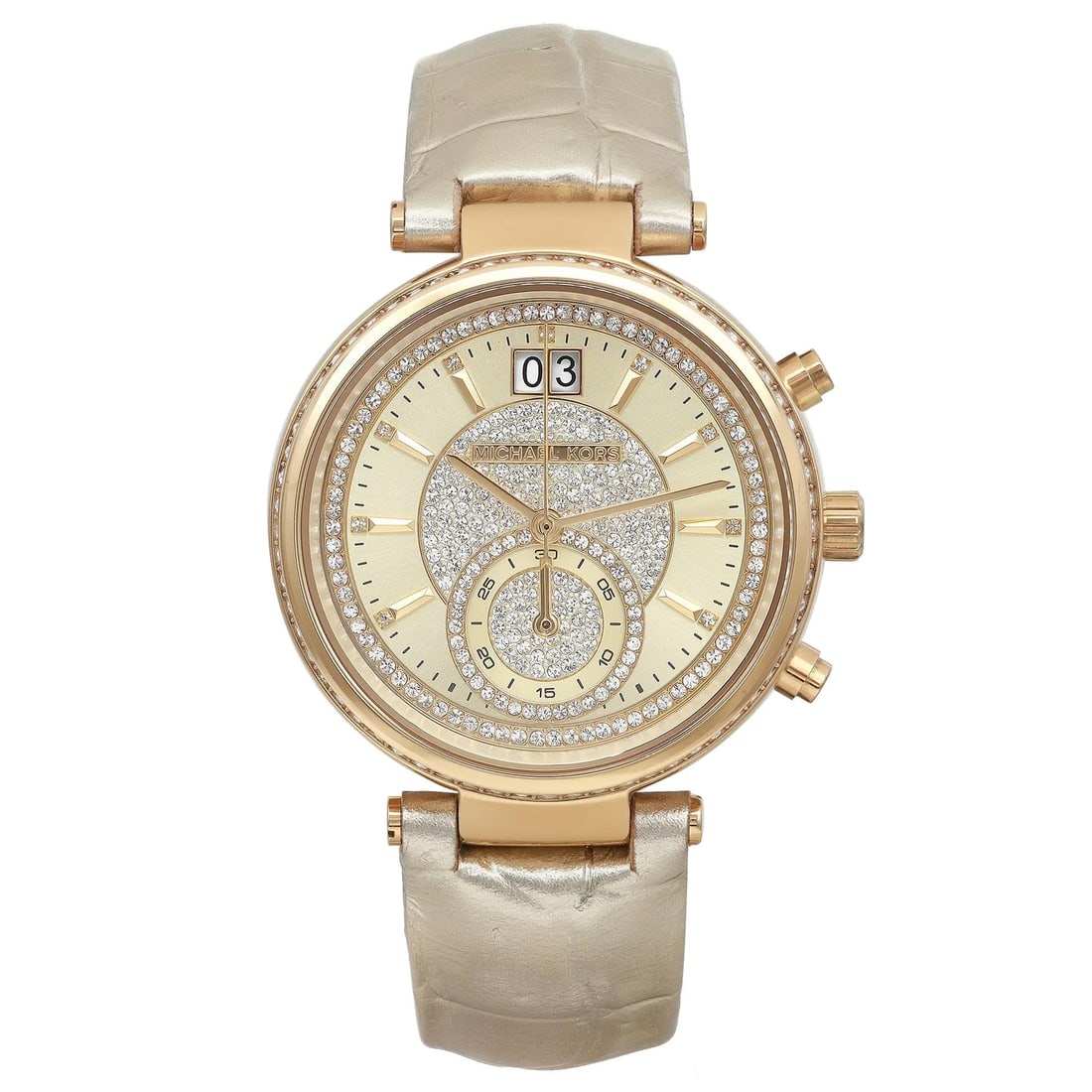 Michael Kors Sawyer Quartz Watch Champagne Dial Gold-tone Stainless Steel MK2444: Michael Kors Sawyer Quartz Watch Champagne Dial Gold-tone Stainless Steel MK2444 This elegant Michael Kors Sawyer wristwatch is designed for women and features a stunning champagne-colored dial adorne