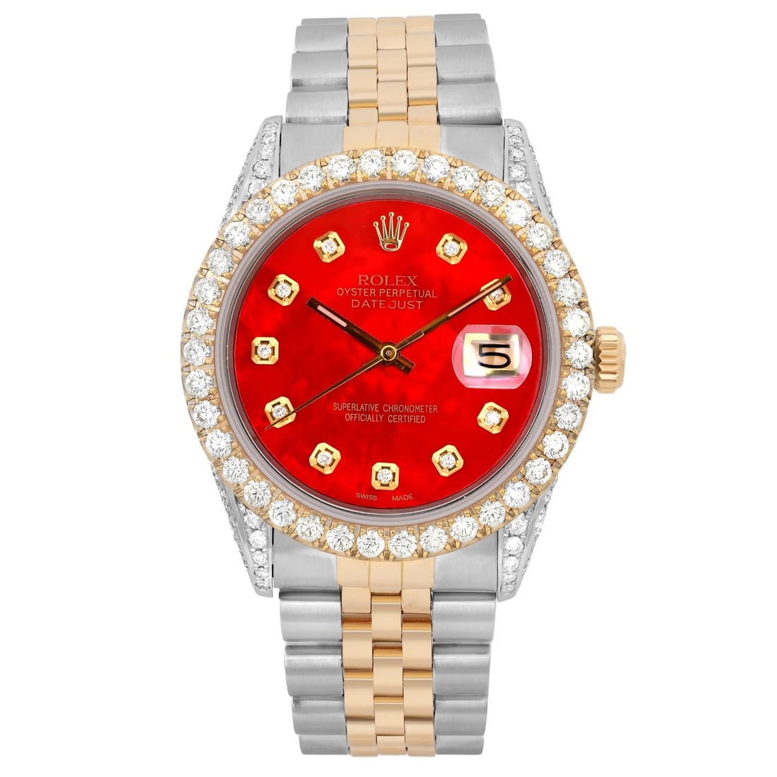 Rolex Datejust 18k Yellow Gold Diamond Custom MOP Red Dial Watch 16013 (1 of 6)