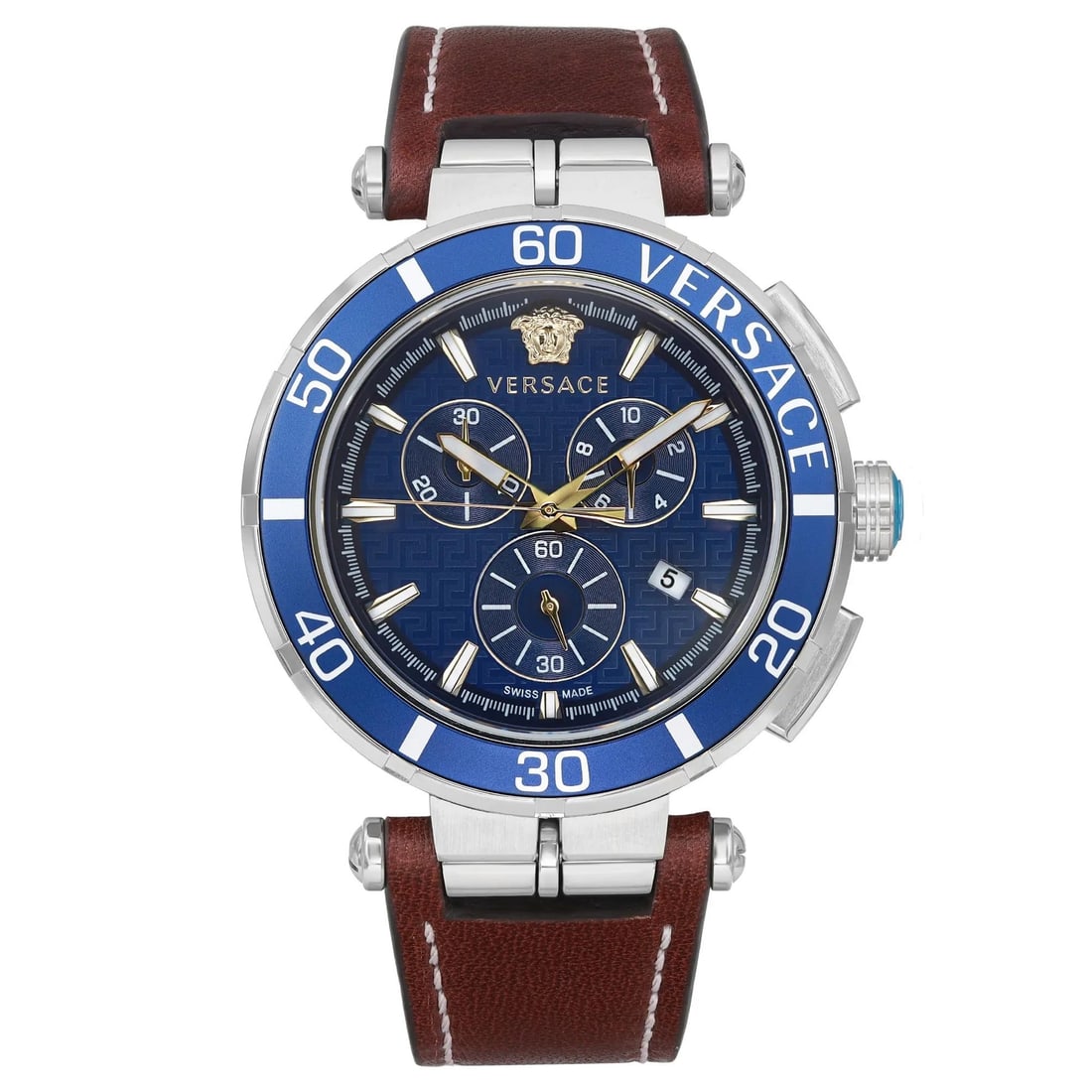 Versace Greca 45mm Quartz Chronograph Blue Dial Leather Strap Watch VE3L00122: Versace Greca 45mm Quartz Chronograph Blue Dial Leather Strap Watch VE3L00122 The Versace Greca 45mm Chronograph Watch features a striking blue dial complemented by a stainless steel case and a sleek