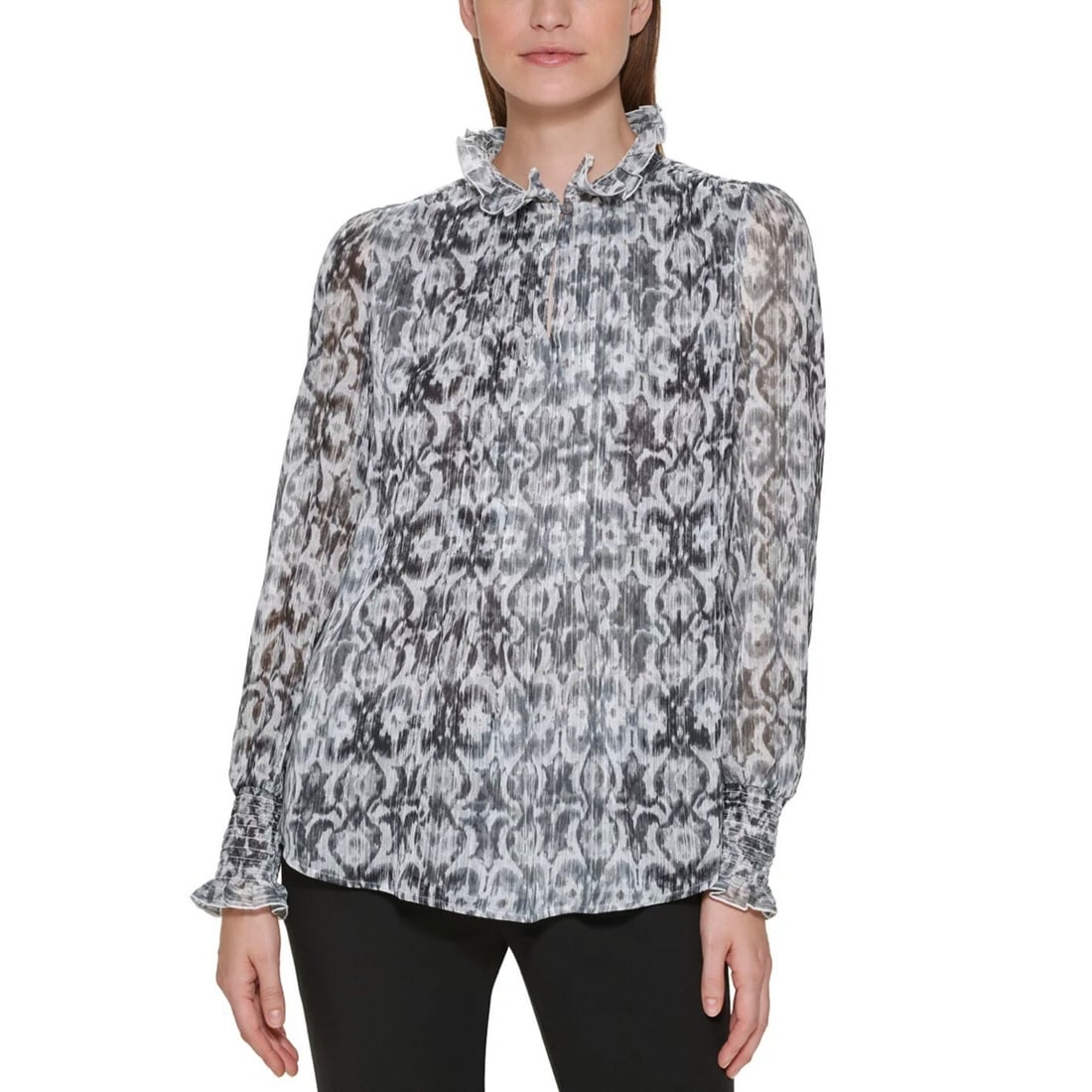 Calvin Klein Women's Multicolored Ruffle Mock Neck Blouse Size S: Calvin Klein Women's Multicolored Ruffle Mock Neck Blouse Size S Elevate your wardrobe with this stylish women's printed blouse from Calvin Klein. Designed in size S, this blouse features a chic mock