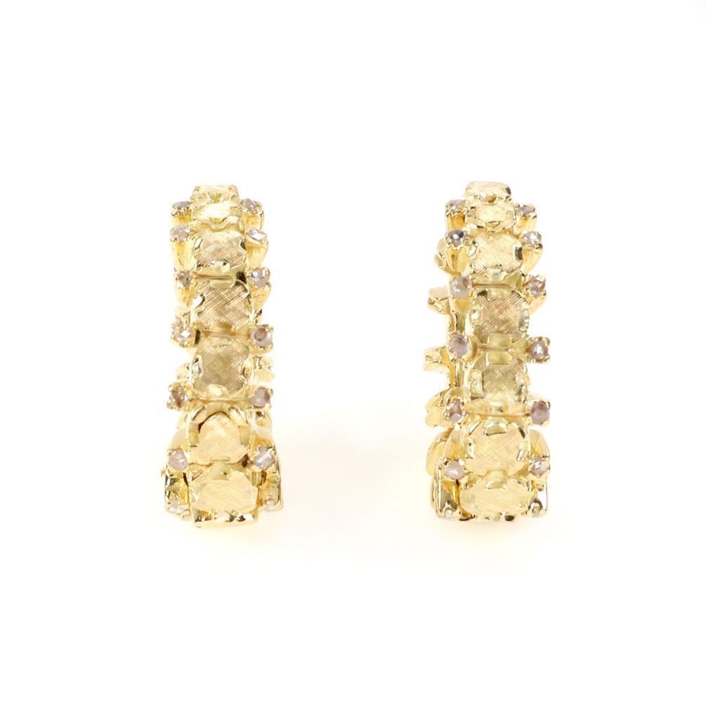 Designer Lalaounis 17k Yellow Gold Oval Hoop Earrings with Rose Cut Diamonds: Designer Lalaounis 17k Yellow Gold Oval Hoop Earrings with Rose Cut Diamonds Elevate your jewelry collection with these exquisite designer earrings, expertly crafted from 17k yellow gold featuring a p