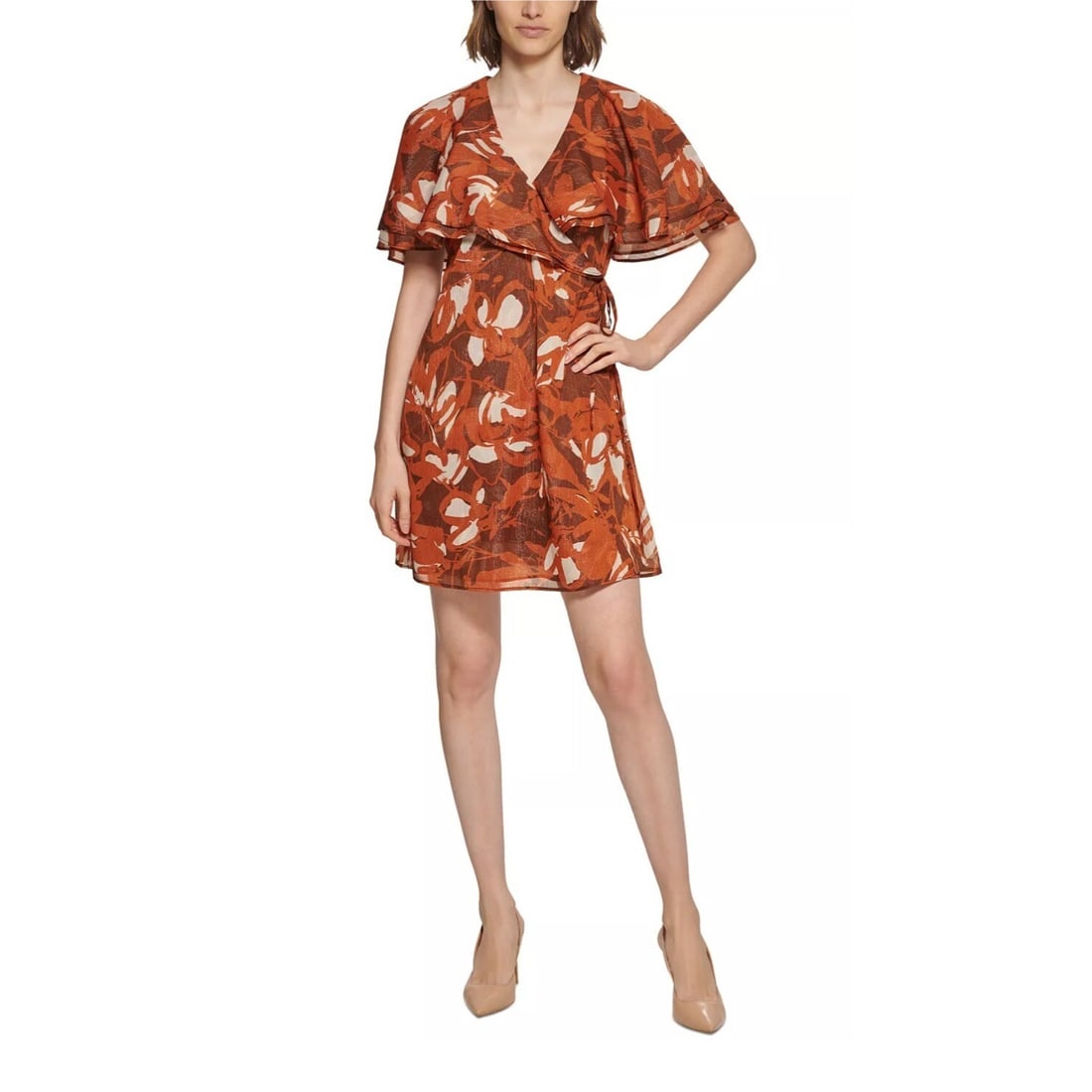 Calvin Klein Brown Flutter Sleeve Mini Sheath Dress with Capelet: Calvin Klein Brown Flutter Sleeve Mini Sheath Dress with Capelet Elevate your wardrobe with this stunning Calvin Klein short dress, designed for a chic and sophisticated look. Crafted from smooth poly