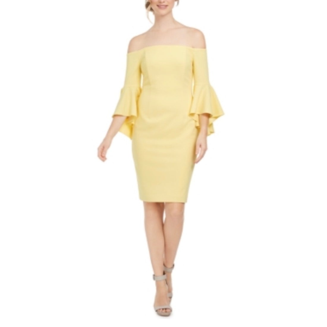 Calvin Klein Yellow Off the Shoulder Sheath Dress Womens 16: Calvin Klein Yellow Off the Shoulder Sheath Dress Womens 16 Elevate your wardrobe with this stunning Calvin Klein Off the Shoulder Sheath Dress in a vibrant yellow hue, perfect for formal parties and