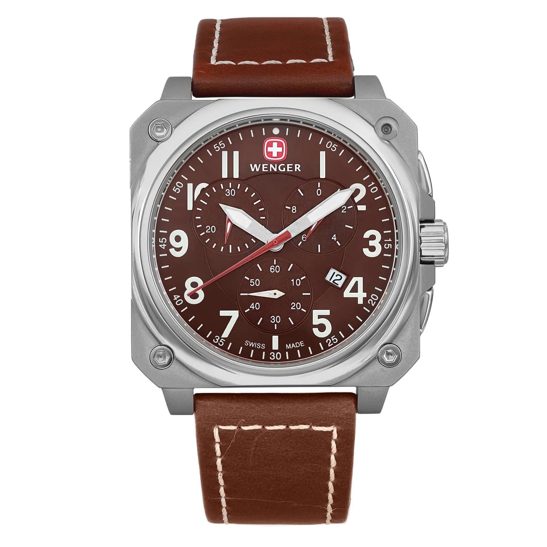 Wenger AeroGraph 42mm Quartz Chronograph Brown Dial Men's Watch 77014: Wenger AeroGraph 42mm Quartz Chronograph Brown Dial Men's Watch 77014 Discover the Wenger AeroGraph, a stylish and functional men's wristwatch featuring a 42mm stainless steel case with a sleek PVD co