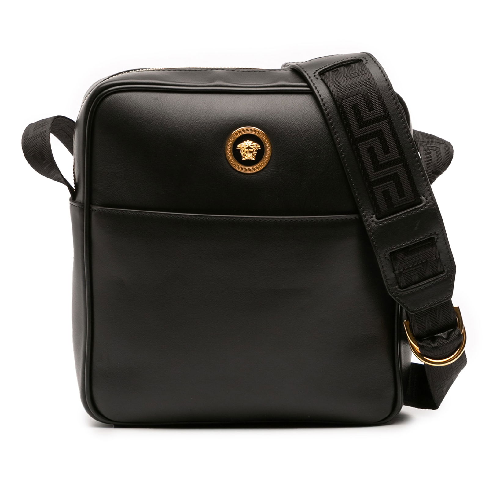 Versace Black Leather Medusa Crossbody Bag with Adjustable Strap: Versace Black Leather Medusa Crossbody Bag with Adjustable Strap Introducing the Versace Leather Medusa Crossbody, a stylish and functional accessory perfect for any occasion. This bag is crafted from