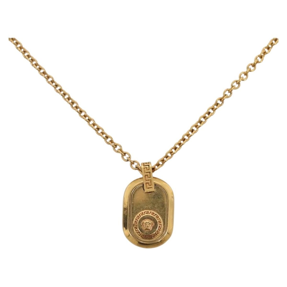 VERSACE Gold Metal Necklace Made in Italy Luxury Accessory: VERSACE Gold Metal Necklace Made in Italy Luxury Accessory This elegant Versace necklace is crafted in Italy from high-quality metal with a stunning gold finish. With a total length of approximately 5