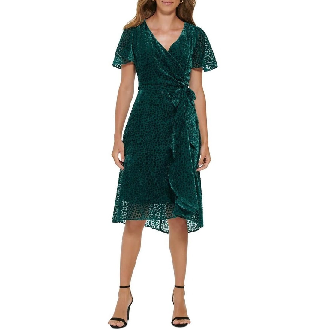 DKNY Women's Forest Green Velvet Wrap Dress Size 4: DKNY Women's Forest Green Velvet Wrap Dress Size 4 Elevate your wardrobe with this stunning DKNY Women's Velvet Knee Wrap Dress in Forest Green, size 4. This elegant dress features a solid pattern, sh