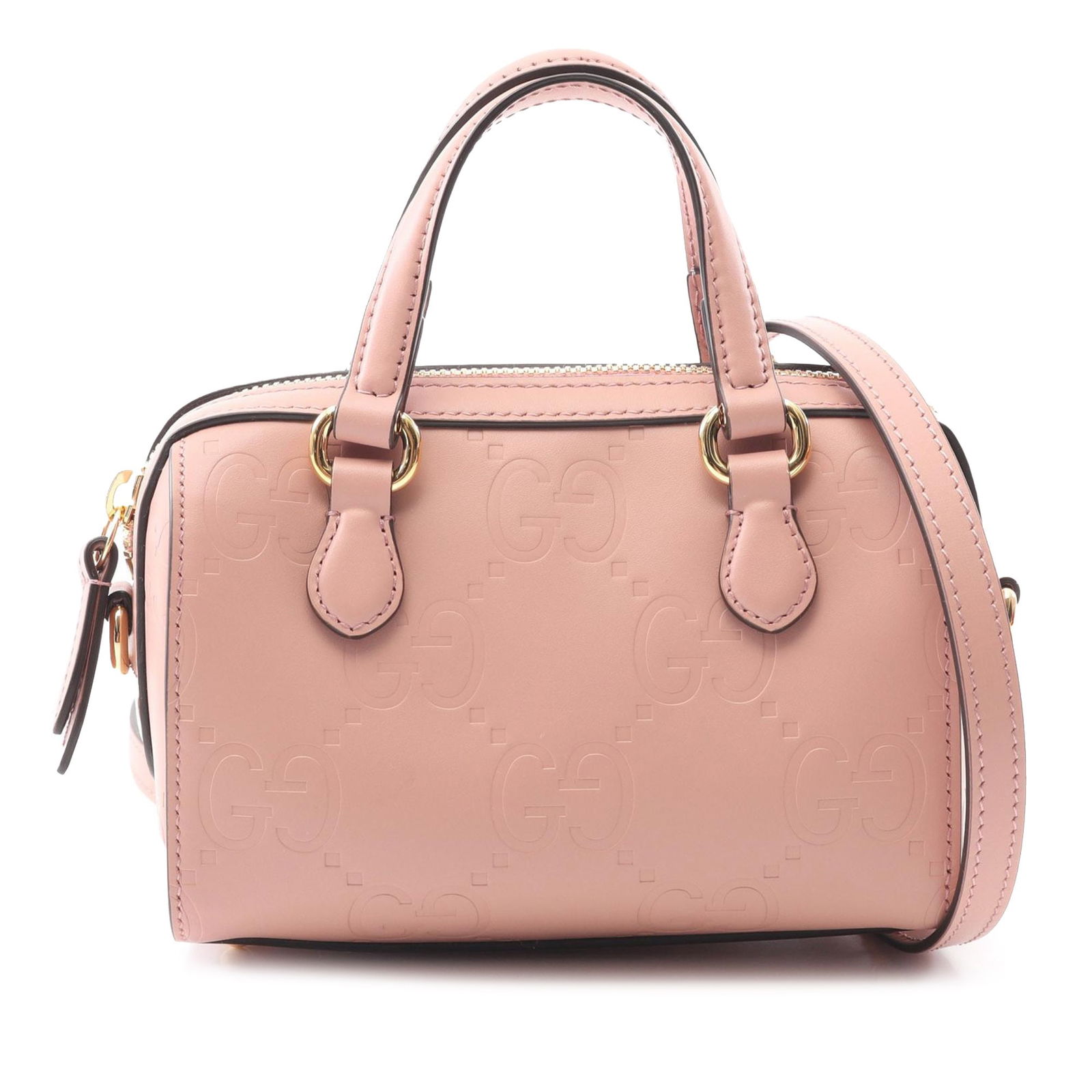 Gucci Super Mini Jumbo GG Pink Leather Gilbert Top Handle Bag: Gucci Super Mini Jumbo GG Pink Leather Gilbert Top Handle Bag Introducing the Gucci Super Mini Jumbo GG Embossed Leather Gilbert Top Handle Bag, a stylish accessory that effortlessly combines luxury a