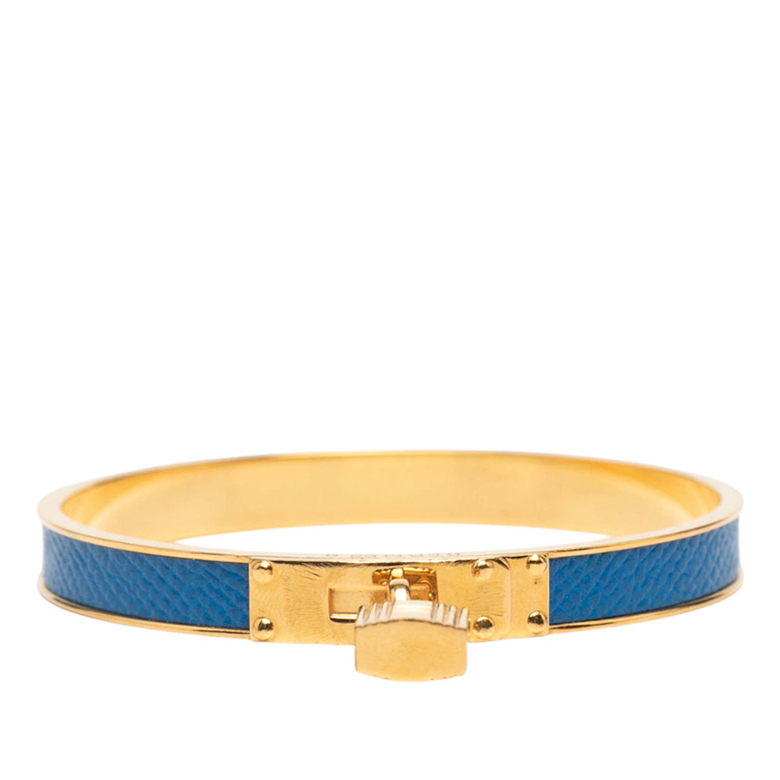 Hermes Leather Kelly Cadena Bangle Bracelet Blue Gold-Plated: Hermes Leather Kelly Cadena Bangle Bracelet Blue Gold-Plated This exquisite Kelly Cadena Lock Bangle Bracelet from Hermes boasts a stylish combination of gold-plated metal and leather. The bracelet fe