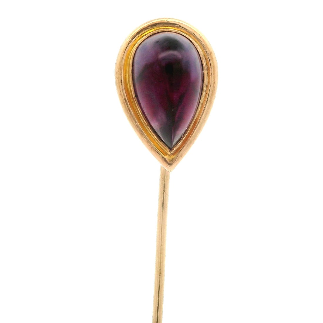 Antique 14k Yellow Gold Teardrop Amethyst Cabochon Stick Pin: Antique 14k Yellow Gold Teardrop Amethyst Cabochon Stick Pin This exquisite antique stick pin features a stunning teardrop-shaped amethyst cabochon, elegantly bezel set in 14k yellow gold. The amethys