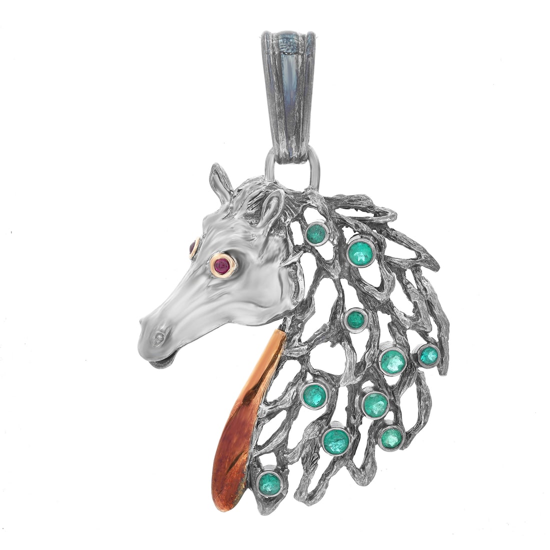 Rachel Koen Vintage Horse Face Pendant 925 Sterling Silver Emerald Ruby: Rachel Koen Vintage Horse Face Pendant 925 Sterling Silver Emerald Ruby This exquisite vintage antique pendant features a striking horse face design adorned with vibrant emerald and ruby gemstones. Cr
