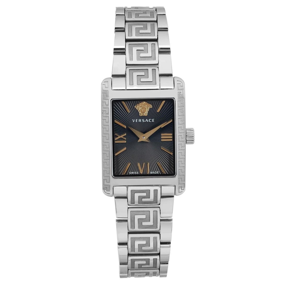 Versace Tonneau Ladies Quartz Watch Gray Steel Black Dial 23mm: Versace Tonneau Ladies Quartz Watch Gray Steel Black Dial 23mm Introducing the Versace Tonneau 23mm Steel Black Dial Quartz Ladies Watch, a stylish accessory that seamlessly blends elegance with funct