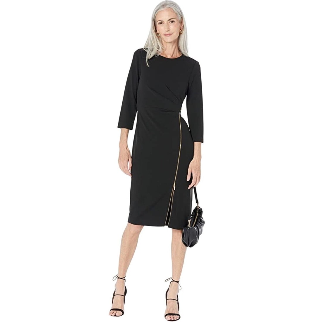 Calvin Klein Black Midi Ruched Asymmetrical Dress 8P with Zipper: Calvin Klein Black Midi Ruched Asymmetrical Dress 8P with Zipper Elevate your wardrobe with this stunning Calvin Klein Long Sleeve Ruched Asymmetrical Dress in classic black. Designed for a flattering