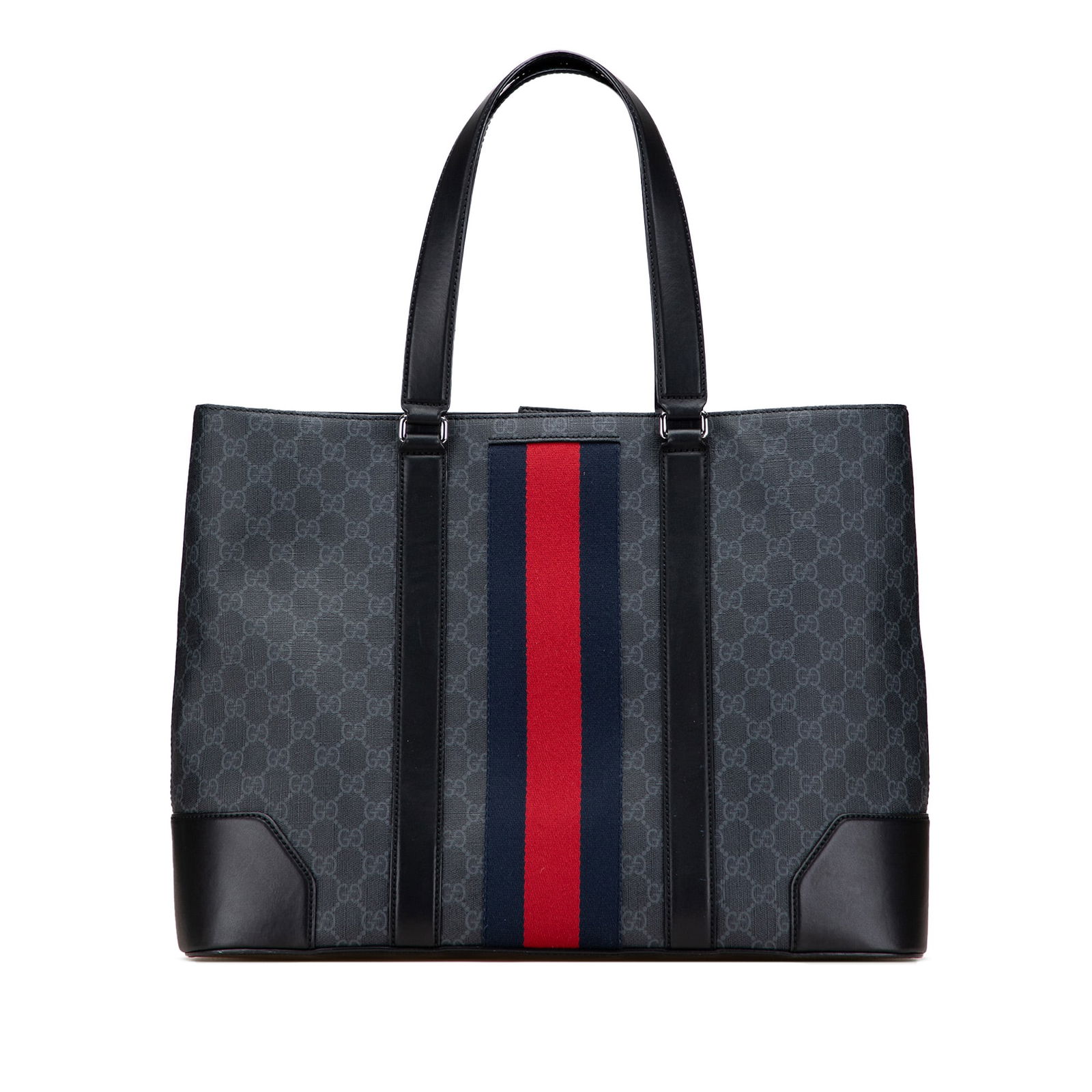 Gucci Large GG Supreme Web Tote Bag Coated Canvas Black: Gucci Large GG Supreme Web Tote Bag Coated Canvas Black Elevate your accessory collection with the Gucci Large GG Supreme Web Tote, a stylish and practical choice for everyday use. This tote features