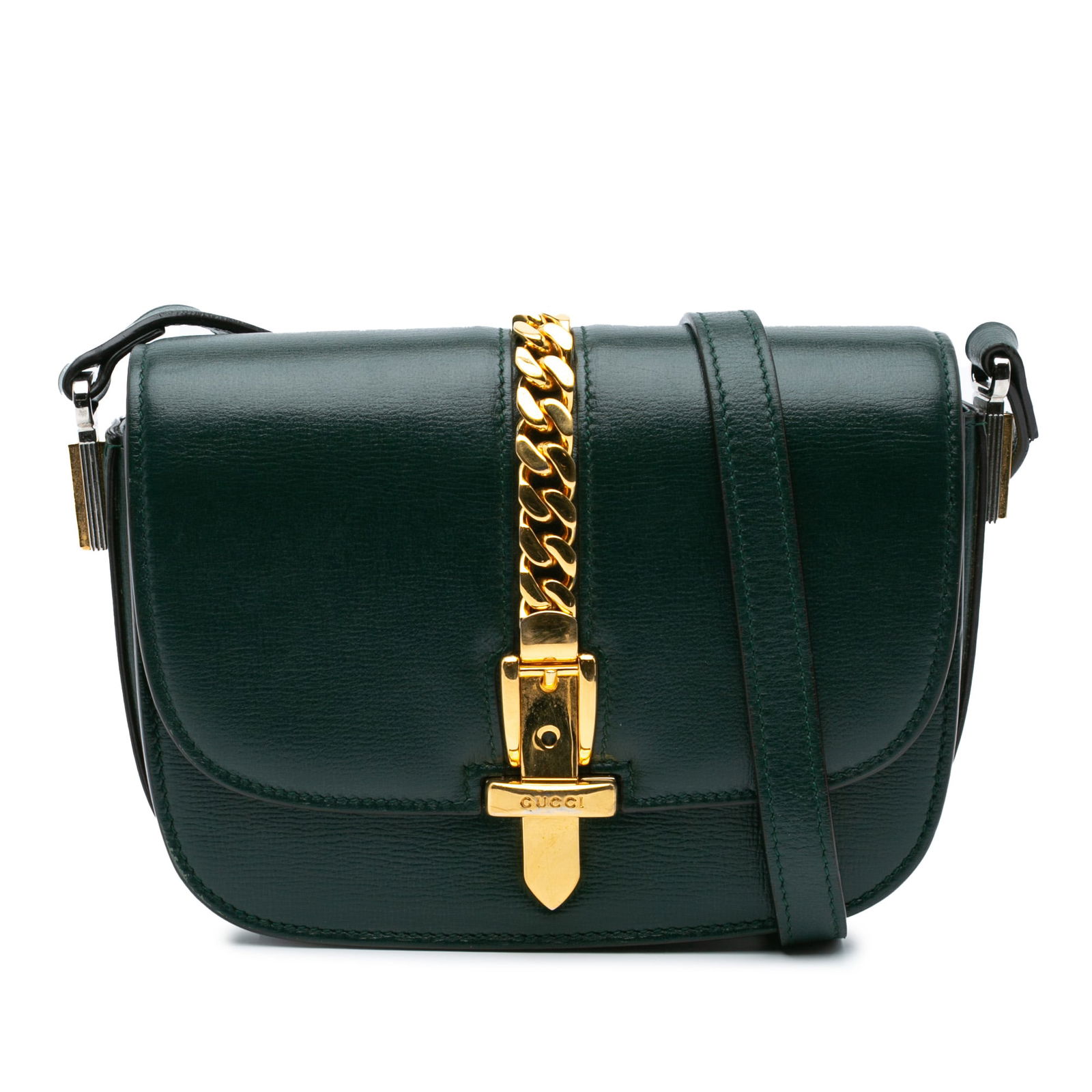 Gucci Mini Leather Sylvie 1969 Crossbody Bag Green with Gold Chain: Gucci Mini Leather Sylvie 1969 Crossbody Bag Green with Gold Chain The Gucci Mini Leather Sylvie 1969 Crossbody bag is a stylish accessory crafted from premium leather. It features an adjustable flat