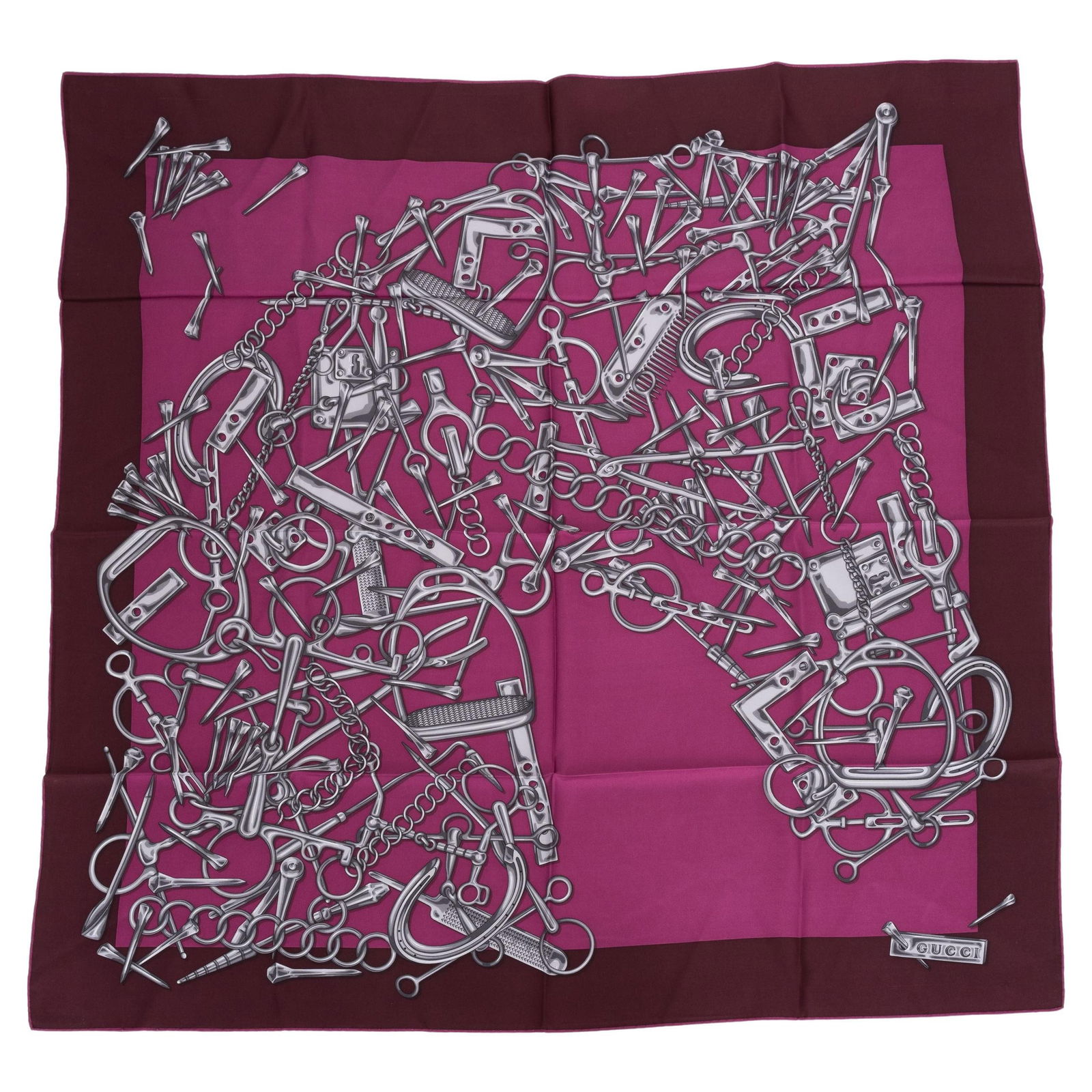 Gucci Purple Horse Bits Silk Scarf 35in New: Gucci Purple Horse Bits Silk Scarf 35in New Elevate your accessory collection with this exquisite Gucci silk scarf. This new, luxurious scarf features a striking purple and two-tone design adorned wit