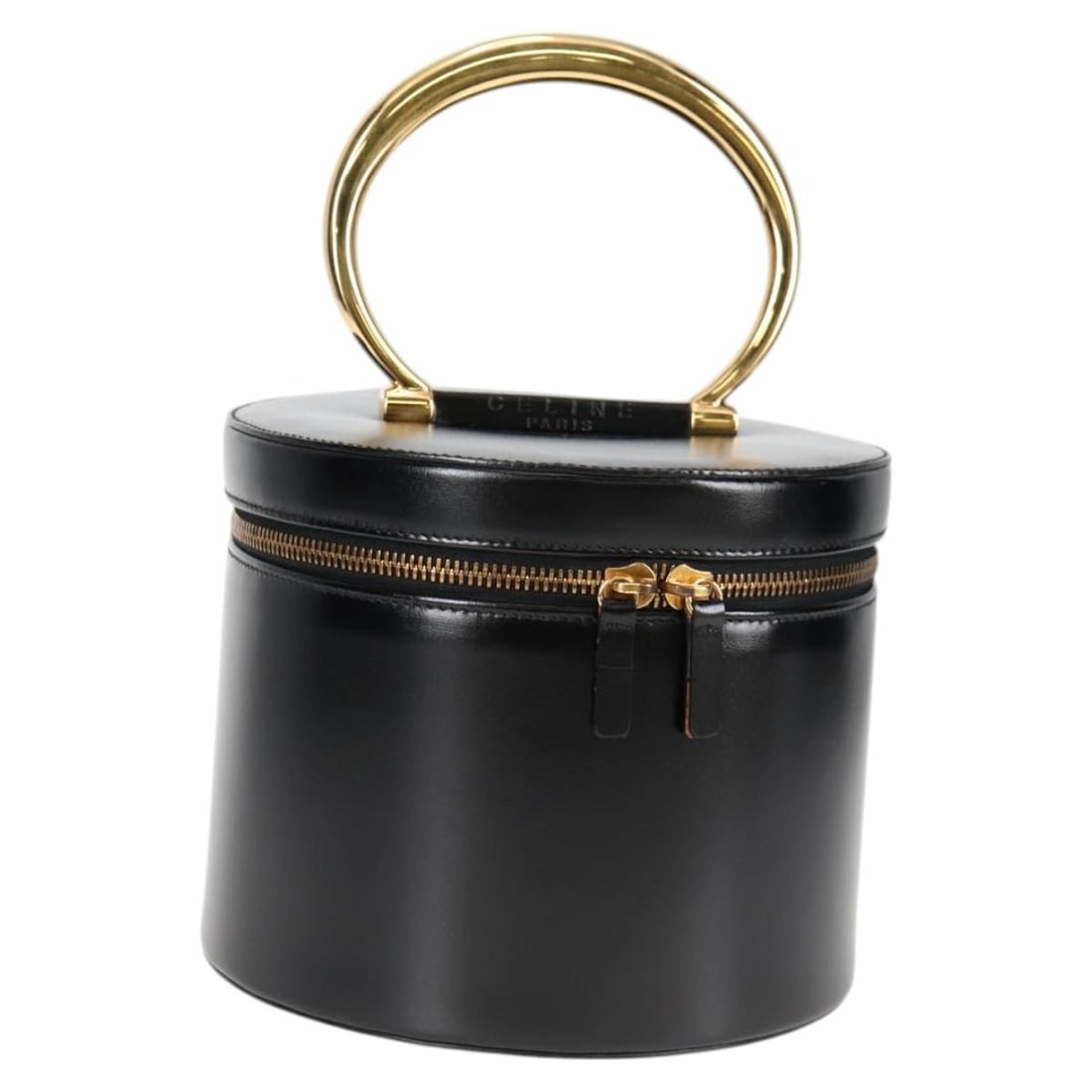 CELINE Black Gold Leather Vanity Cosmetic Pouch with Dust Bag Auth 125415V: CELINE Black Gold Leather Vanity Cosmetic Pouch with Dust Bag Auth 125415V This elegant CELINE Vanity Cosmetic Pouch is crafted from premium leather, showcasing a sophisticated black and gold color sc