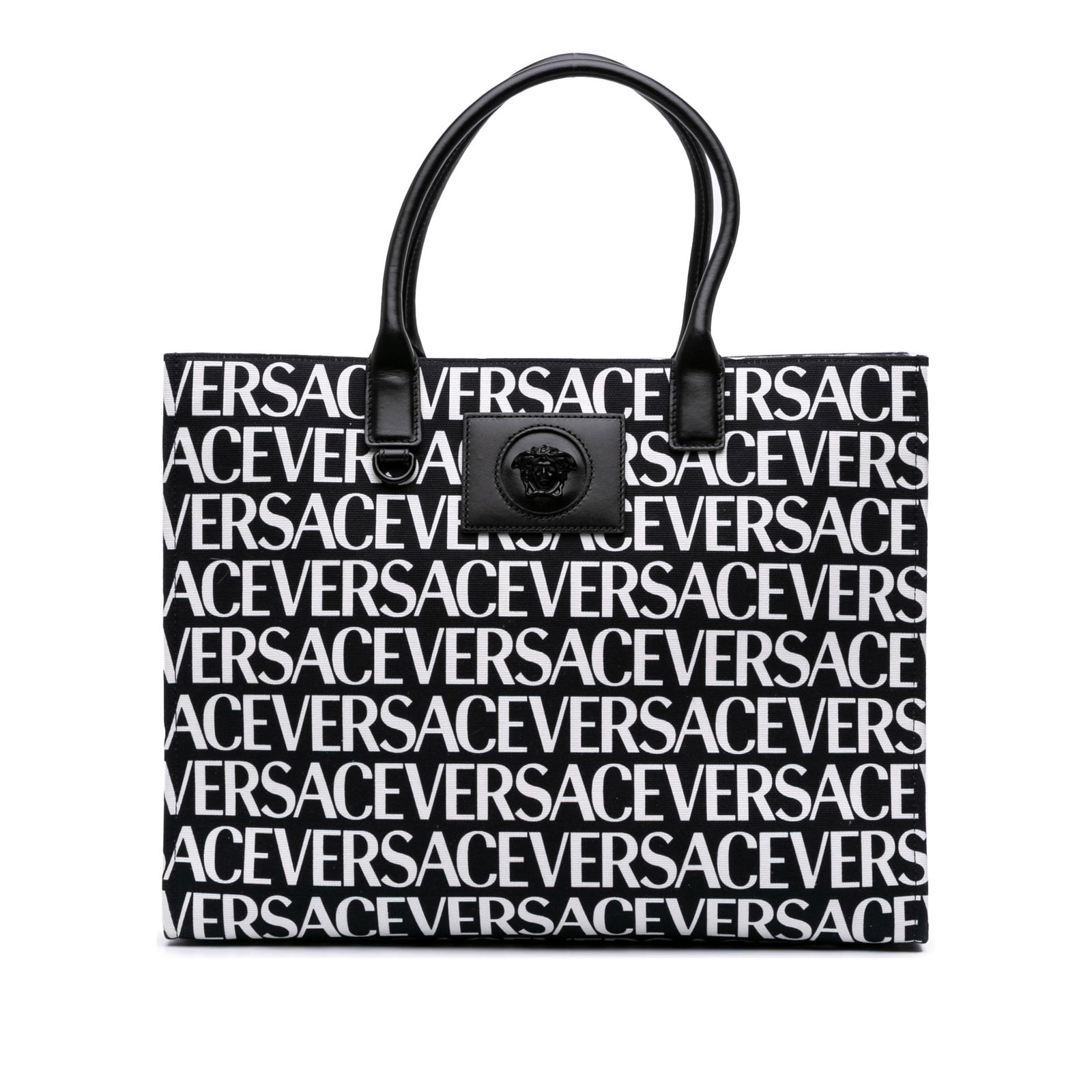 Versace Black Canvas Logo Print Tote with Leather Handles: Versace Black Canvas Logo Print Tote with Leather Handles Elevate your style with this Versace Canvas Logo Print Tote, crafted from durable canvas material in a sleek black color. It features rolled l