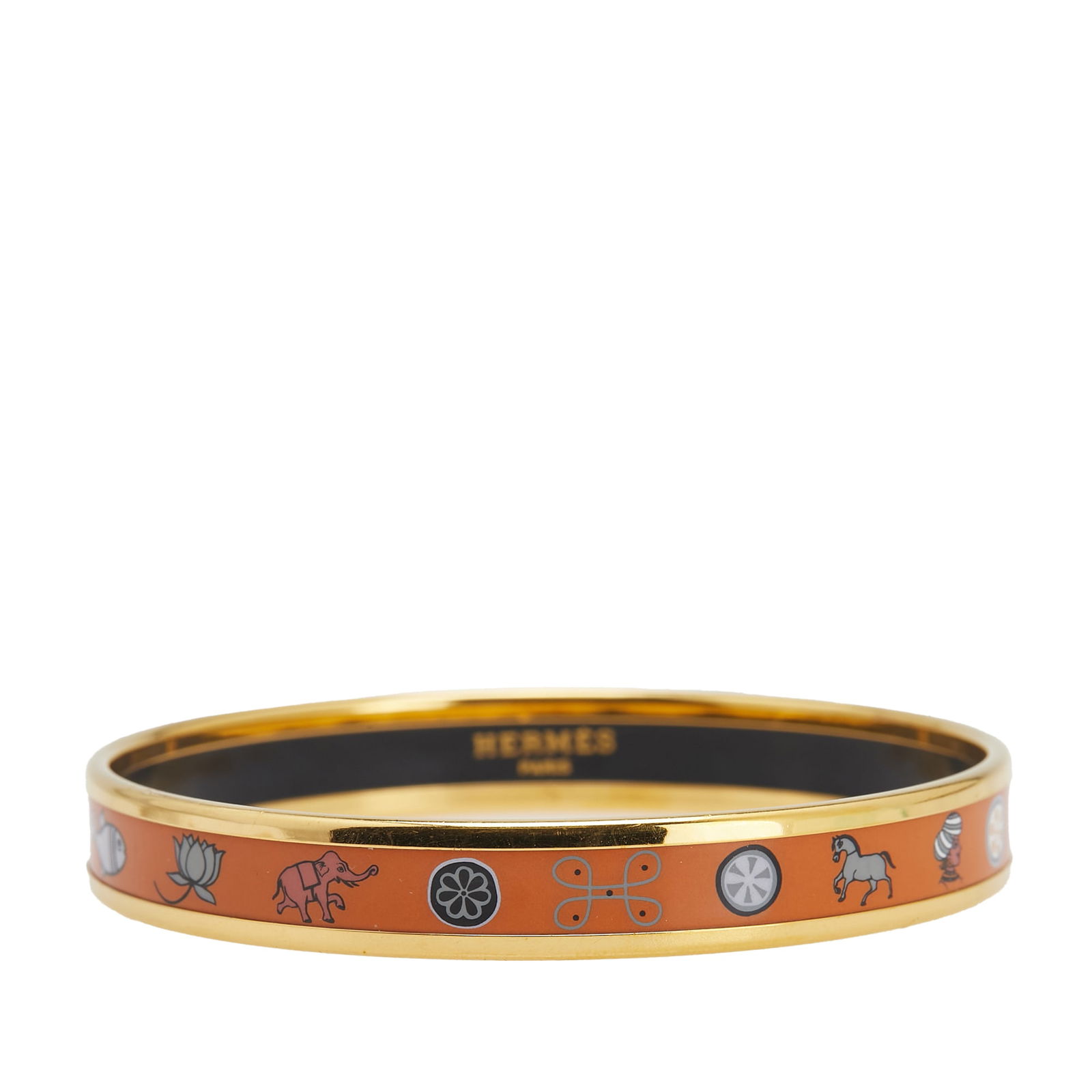 Hermes Narrow Enamel Cloisonne Bangle 62 Orange Gold-Plated: Hermes Narrow Enamel Cloisonne Bangle 62 Orange Gold-Plated This stunning Hermes Narrow Enamel Cloisonne Bangle is a captivating piece of costume jewelry that features a vibrant orange printed enamel