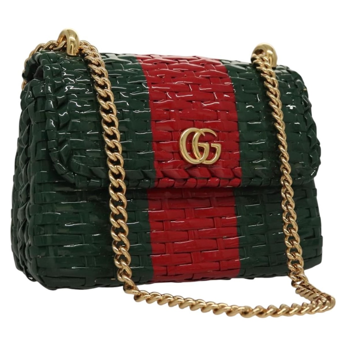 GUCCI Chain Web Sherry Line Wicker Shoulder Bag Red Gold Green Wood Italy Auth: GUCCI Chain Web Sherry Line Wicker Shoulder Bag Red Gold Green Wood Italy Auth This exquisite GUCCI Chain Web Sherry Line Shoulder Bag combines luxury and functionality. Crafted in Italy, it features