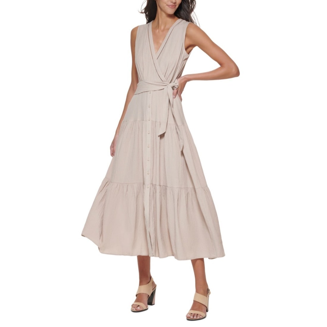 Calvin Klein Khaki Tiered Surplice Maxi Dress Size 6: Calvin Klein Khaki Tiered Surplice Maxi Dress Size 6 Elevate your wardrobe with the Calvin Klein Women's Tiered Surplice Flared Maxi Dress in a sophisticated khaki hue. This stunning dress features a