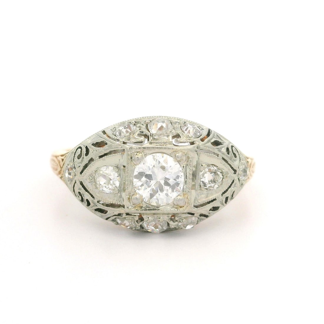 Art Deco Jabel 14k Gold 0.63ctw Diamond Filigree Ring: Art Deco Jabel 14k Gold 0.63ctw Diamond Filigree Ring This exquisite Art Deco ring by Jabel features a stunning combination of old cut diamonds set in solid 14k yellow gold with a white gold top. The