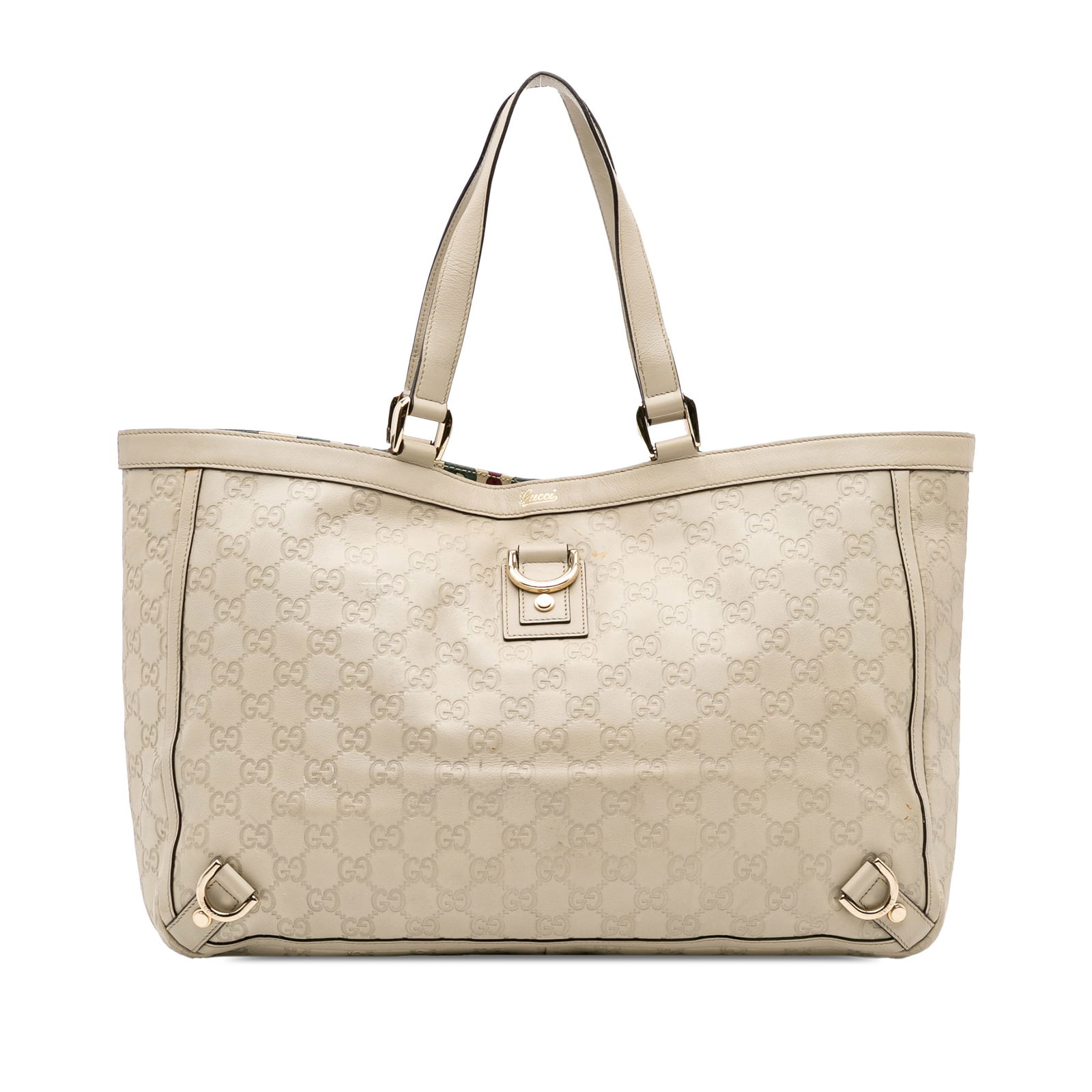 Gucci Guccissima Abbey D Ring Tote White Leather Bag: Gucci Guccissima Abbey D Ring Tote White Leather Bag Introducing the Guccissima Abbey D Ring Tote, a stylish and sophisticated accessory from Gucci. This tote bag showcases an embossed leather body, c