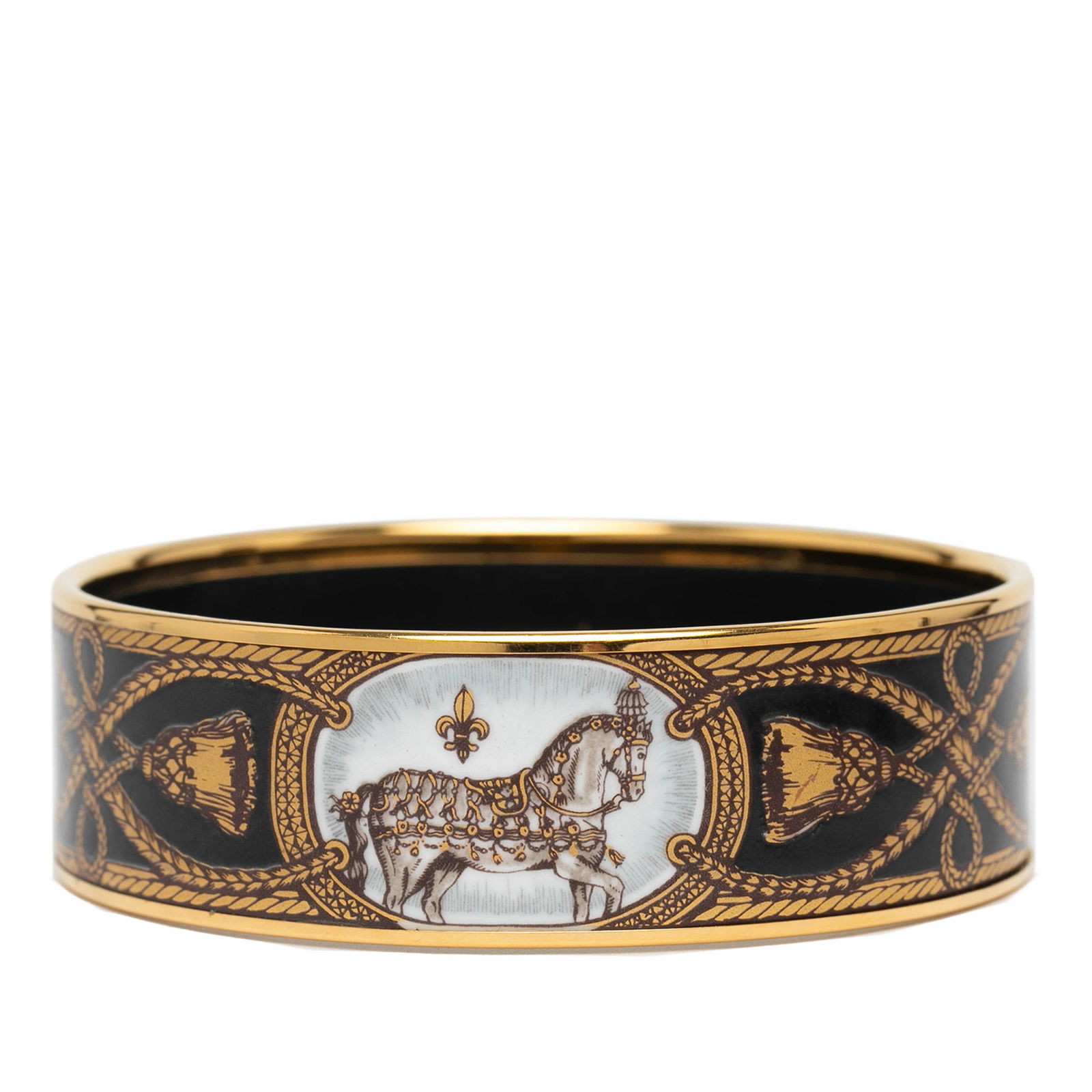 Hermes Wide Grand Apparat Horse Enamel Bangle Black 65: Hermes Wide Grand Apparat Horse Enamel Bangle Black 65 This stunning Hermes Wide Grand Apparat Horse Enamel Bangle 65 showcases a beautifully printed enamel design with a gold-plated metal body, exudi