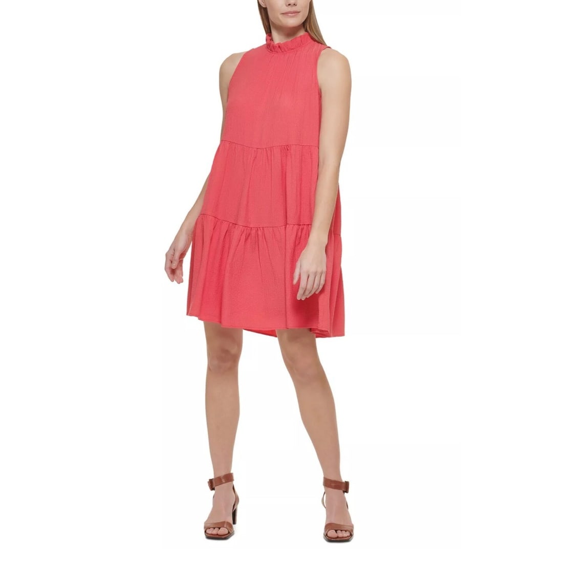 Calvin Klein Women's Watermelon Pink Sleeveless A-Line Mini Dress Size 4: Calvin Klein Women's Watermelon Pink Sleeveless A-Line Mini Dress Size 4 Elevate your wardrobe with this stylish CALVIN KLEIN Women's Sleeveless Tiered Flowy Mock Neck Mini Dress in a vibrant watermel
