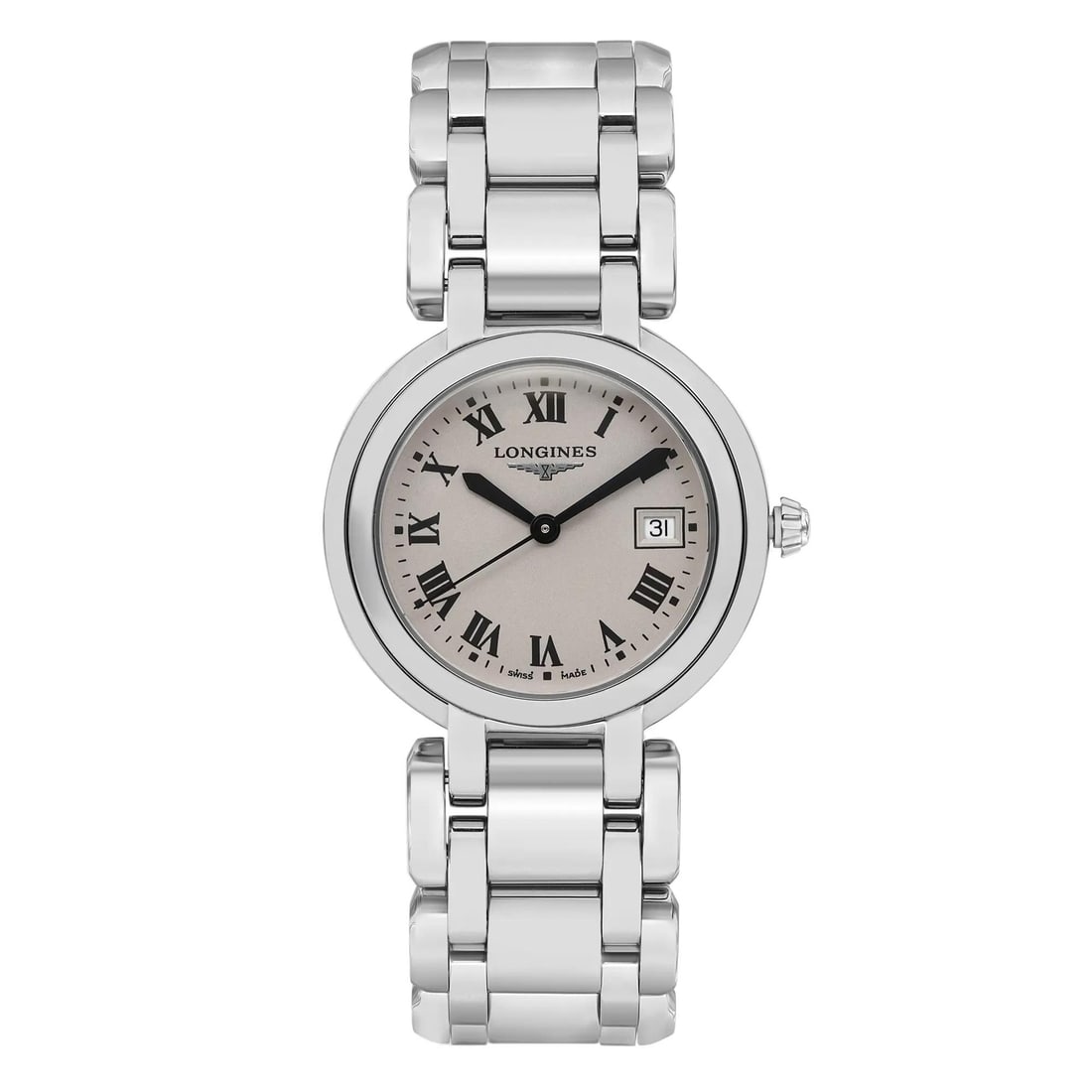 Longines PrimaLuna 30mm Quartz Ladies Watch L8.112.4.71.6 Silver Dial Stainless Steel Bracelet: Longines PrimaLuna 30mm Quartz Ladies Watch L8.112.4.71.6 Silver Dial Stainless Steel Bracelet Discover the elegance of the Longines PrimaLuna wristwatch, designed for ladies who appreciate both style