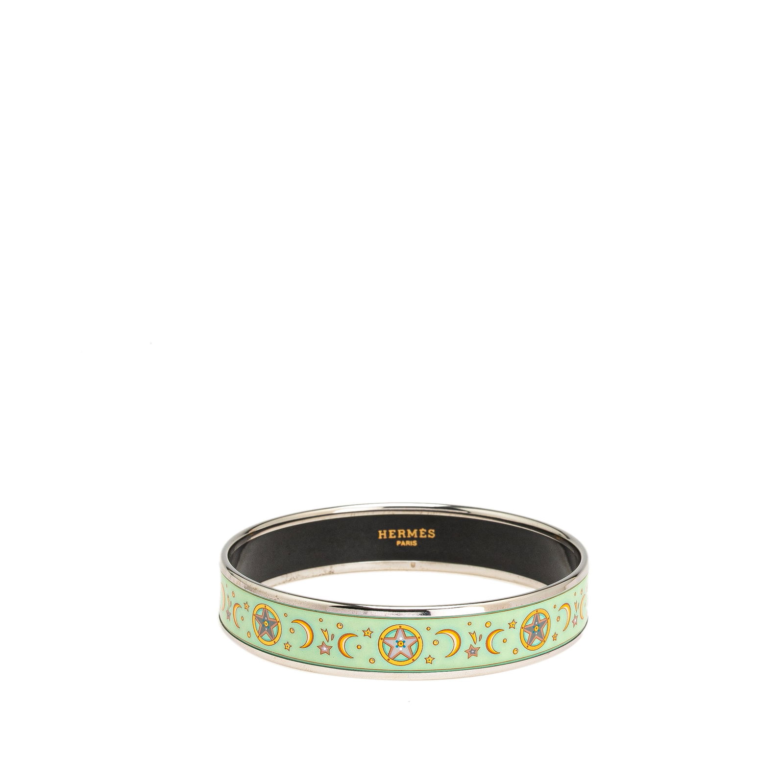 Hermes Narrow Moon Stars Enamel Bangle Green Austria: Hermes Narrow Moon Stars Enamel Bangle Green Austria This elegant Hermes Narrow Moon Stars Enamel Bangle showcases a stunning Moon Stars print on a durable enamel surface complemented by a palladium p