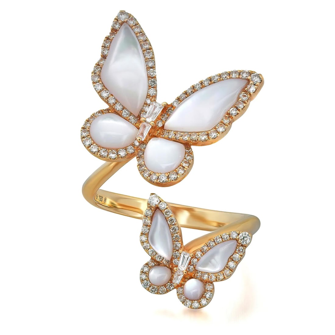 Rachel Koen 18K Yellow Gold Double Butterfly Wrap Ring with Diamonds and Moonstone 0.55Cttw: Rachel Koen 18K Yellow Gold Double Butterfly Wrap Ring with Diamonds and Moonstone 0.55Cttw This stunning double butterfly wrap ring showcases a blend of elegance and glamour, crafted from high-polish