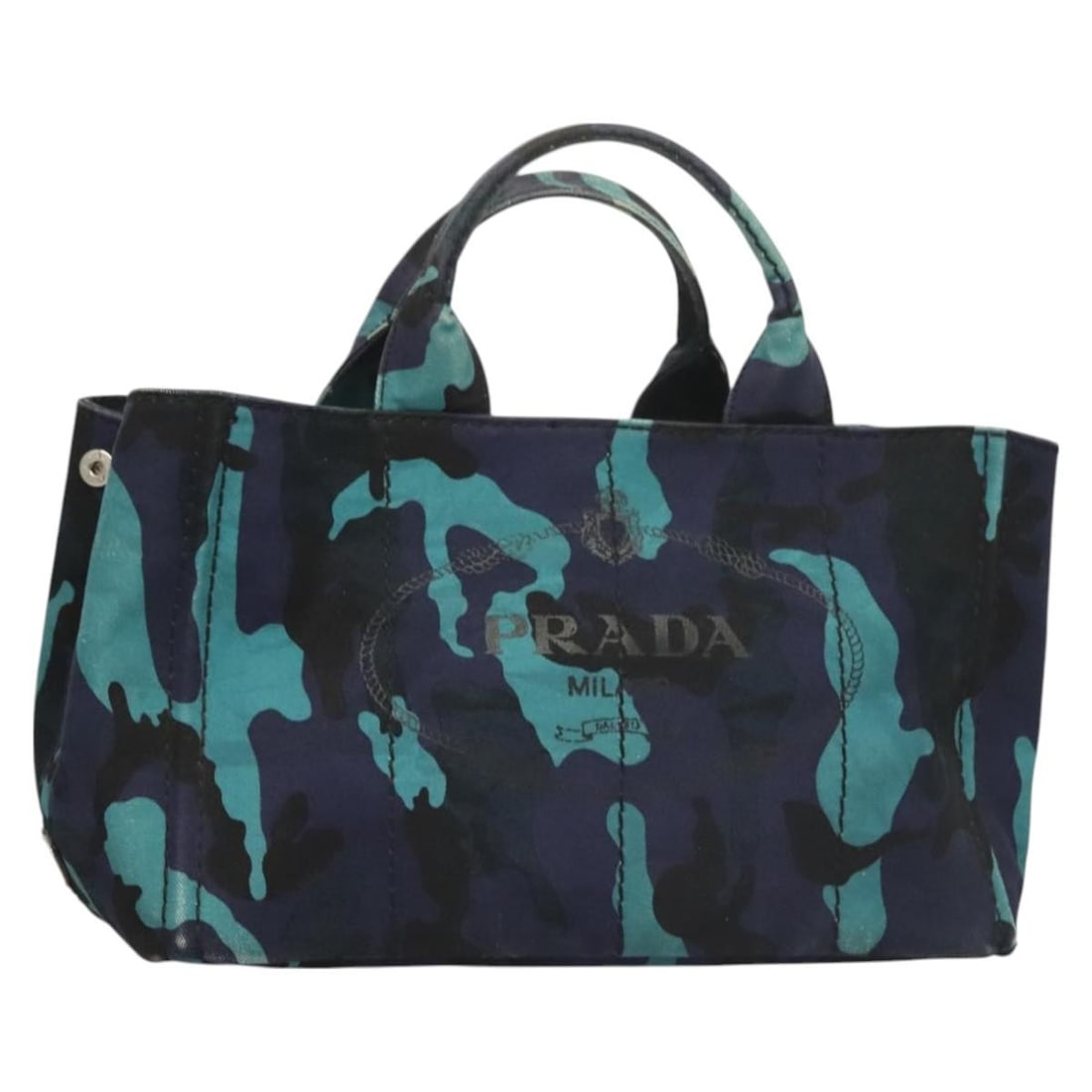 PRADA Canapa MM Hand Bag Blue Silver Camouflage Canvas Authentic: PRADA Canapa MM Hand Bag Blue Silver Camouflage Canvas Authentic This PRADA Canapa MM Hand Bag showcases a striking blue, silver, and camouflage design crafted from durable canvas. With dimensions of