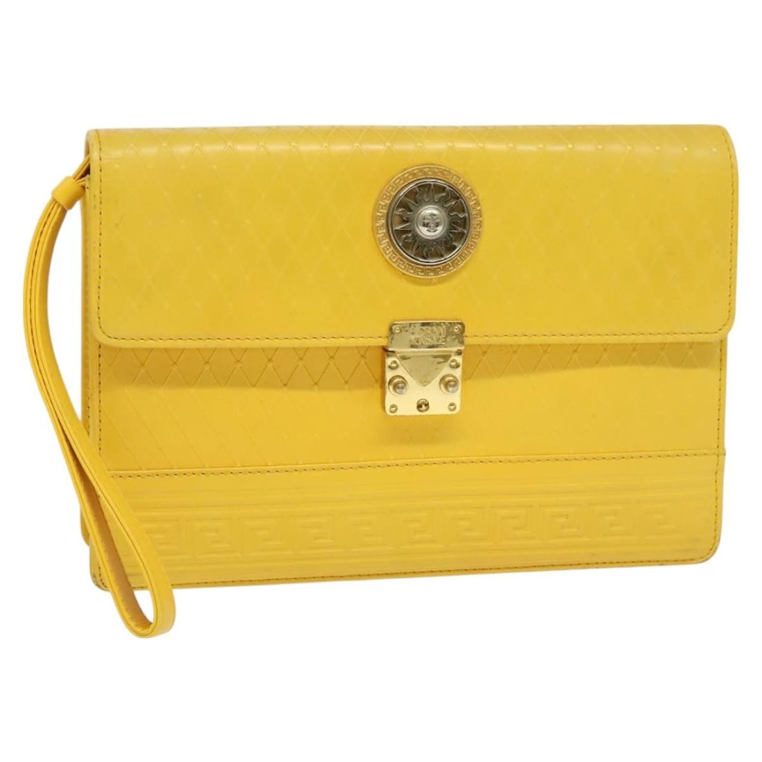 Gianni Versace Yellow Gold Leather Clutch Bag Auth BA3127: Gianni Versace Yellow Gold Leather Clutch Bag Auth BA3127 This Gianni Versace Clutch Bag is a stunning accessory crafted from luxurious leather in a striking yellow and gold color. Featuring a spaciou