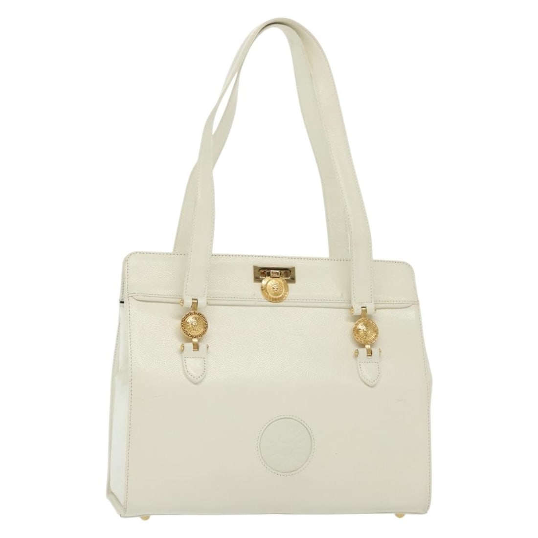 Gianni Versace White Gold Leather Shoulder Bag Authentic: Gianni Versace White Gold Leather Shoulder Bag Authentic This Gianni Versace shoulder bag exudes luxury and style, crafted from high-quality leather in a striking white and gold color combination. Mea