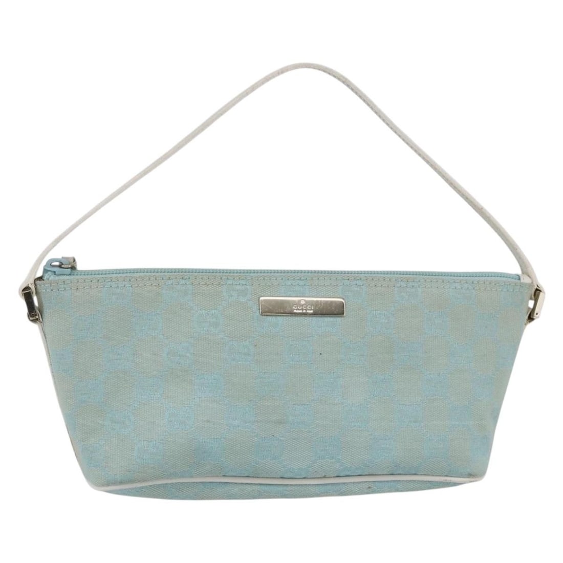 GUCCI GG Canvas Accessory Pouch Light Blue White Made in Italy: GUCCI GG Canvas Accessory Pouch Light Blue White Made in Italy This authentic GUCCI accessory pouch is a chic and versatile addition to your collection. Crafted in Italy from durable GG canvas, it sho
