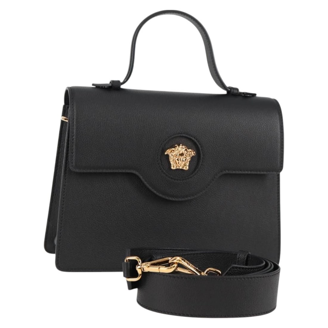 VERSACE Leather Hand Bag Gold Black Authentic 2way Italy: VERSACE Leather Hand Bag Gold Black Authentic 2way Italy This luxurious Versace handbag is crafted from premium leather and features a striking gold and black color combination. The bag stands approxi