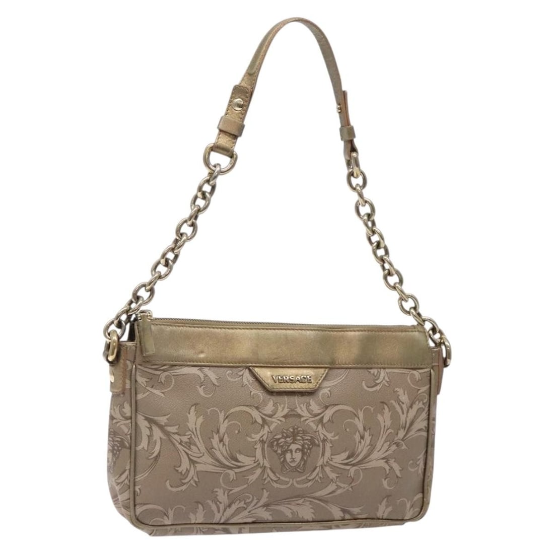 VERSACE Beige Gold Chain Shoulder Bag PVC Leather Made in Italy: VERSACE Beige Gold Chain Shoulder Bag PVC Leather Made in Italy This Versace Chain Shoulder Bag is a stylish accessory crafted from durable PVC leather in a chic beige and gold color scheme. Measuring