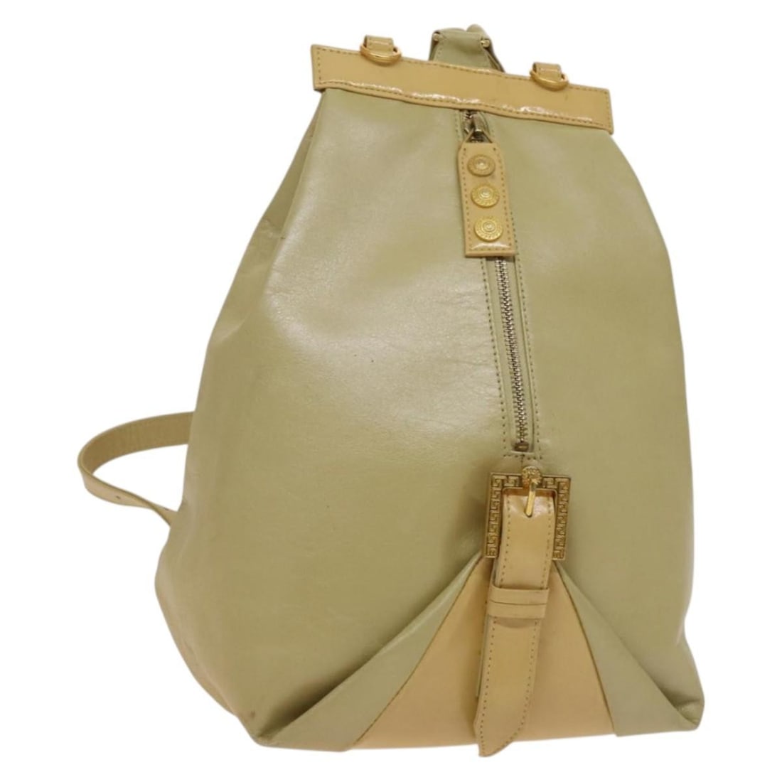 VERSACE Leather Backpack Beige Gold Luxury Style: VERSACE Leather Backpack Beige Gold Luxury Style This Versace backpack combines a sophisticated design with premium leather craftsmanship. The exterior features a chic beige and gold color scheme, mak