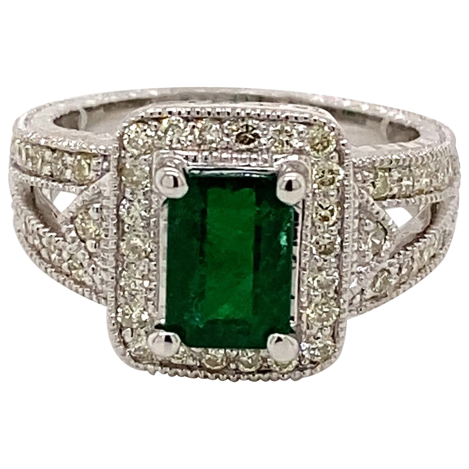 Art Deco 1.73ct Emerald Diamond Halo Ring 18k White Gold (1 of 4)